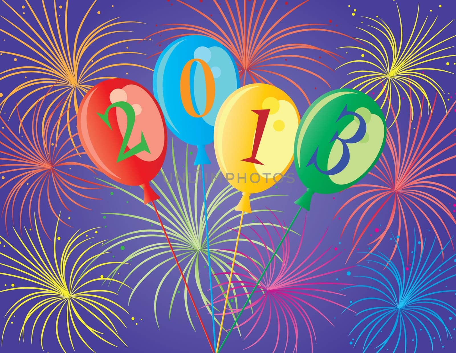 Happy New Year 2013 Balloons with Fireworks Background Illustration