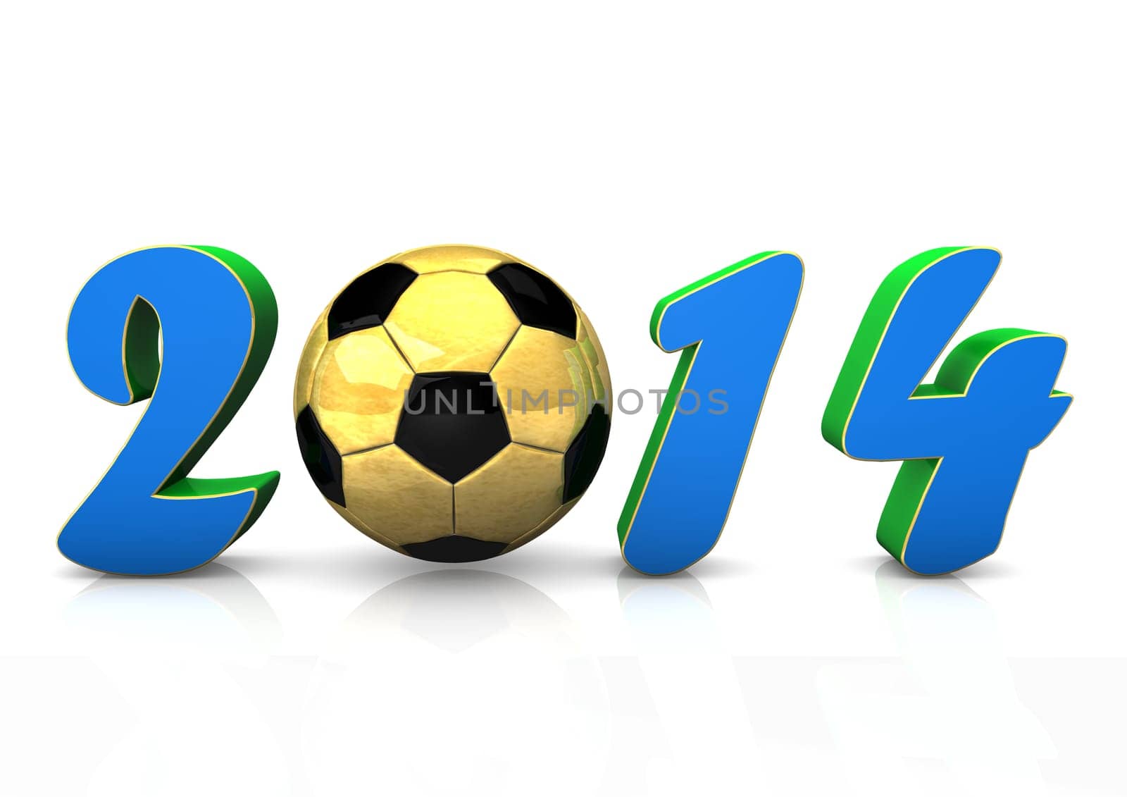 Text "2014"" with golden football on the white background."