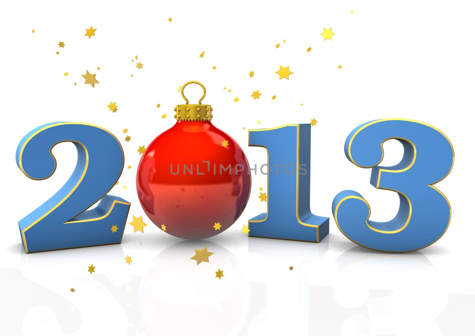 Text "2013"" with christmas bauble and stars on the white background."