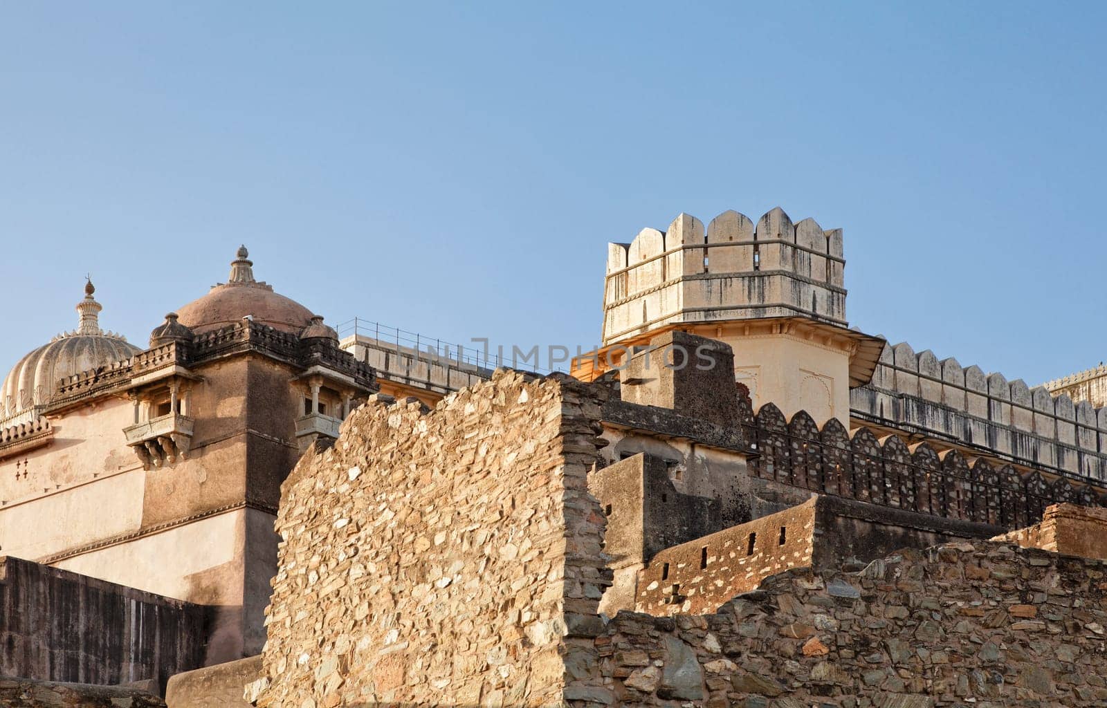 Residential quarters Kumbhalghar Fort under the evening sun with domed roofs and signs of dilapidation of the 9th century AD structure