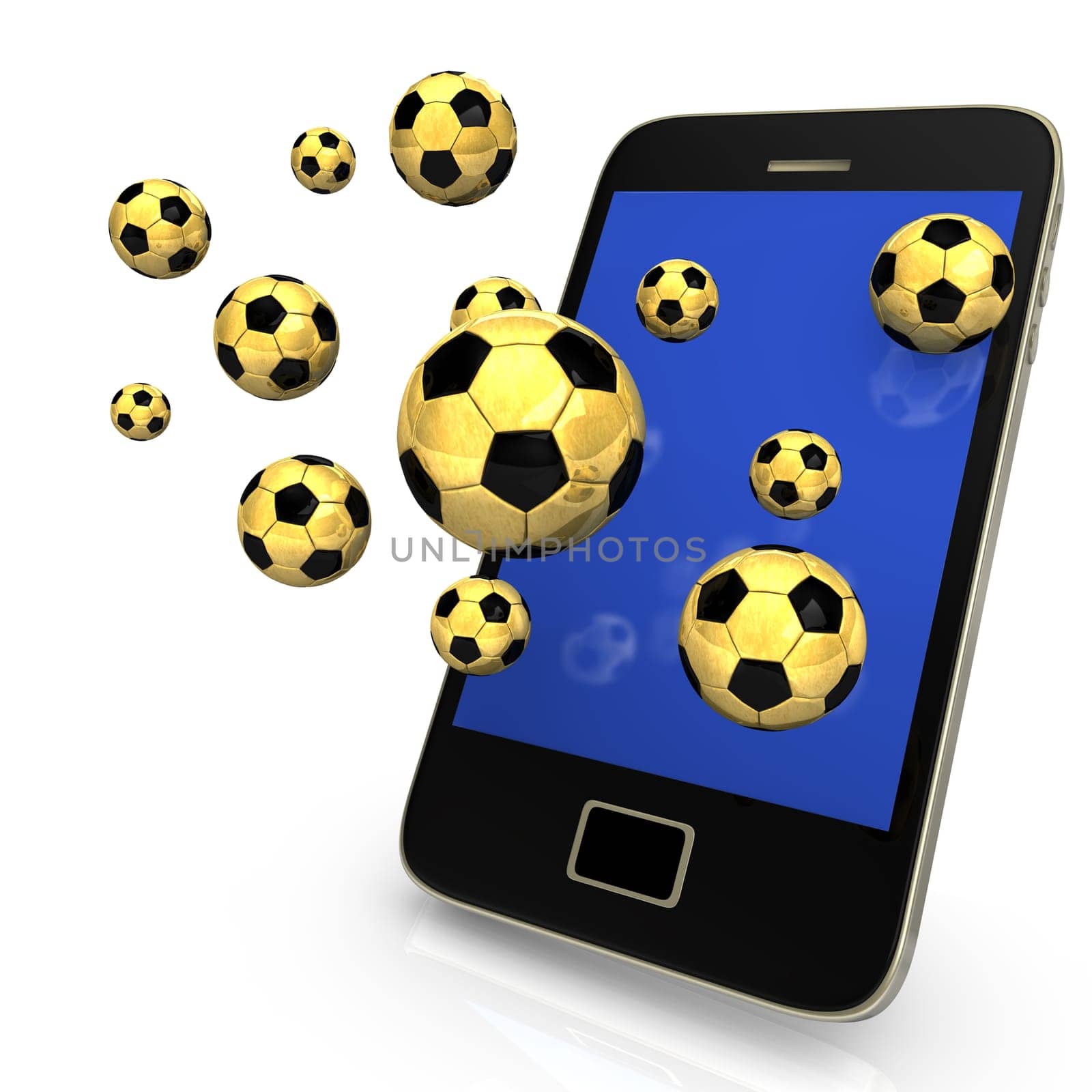 Smartphone with many golden footballs on the white background.