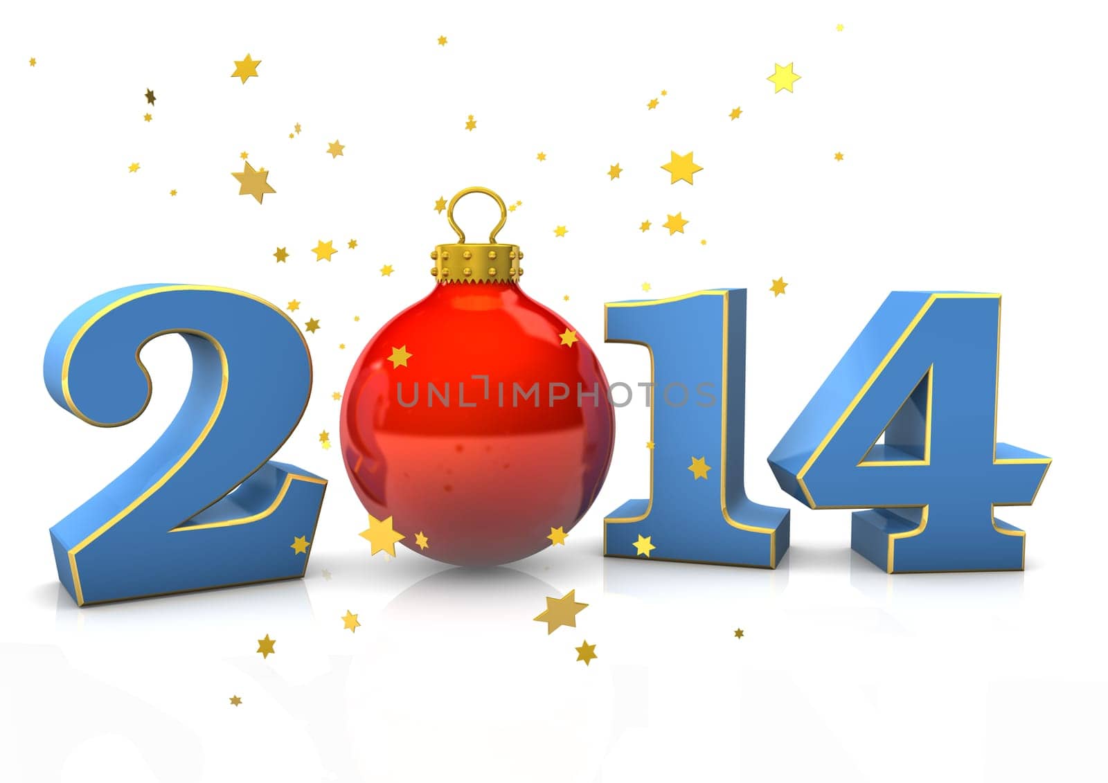 Text "2014"" with christmas bauble and stars on the white background."