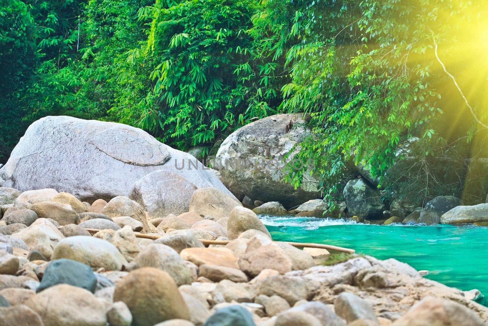 Blue water stream in tropical forest. Vietnam