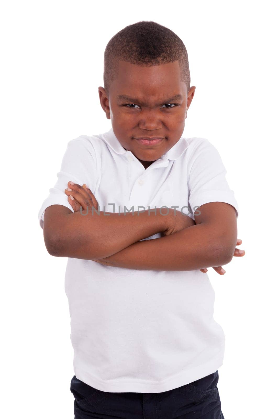 Portrait of a angry  african american little boy, isolated on white background