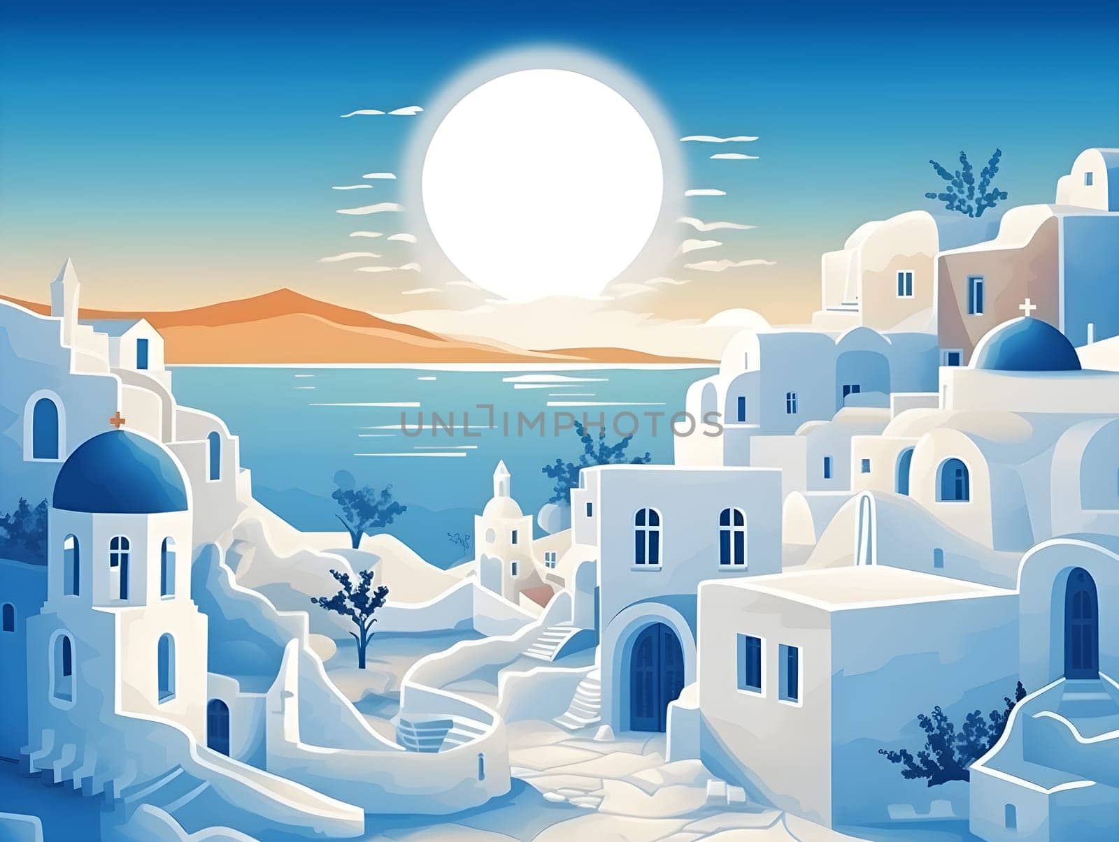 dreamlike Greek village with blue-white houses, deep blue sea and bright sun - AI generative