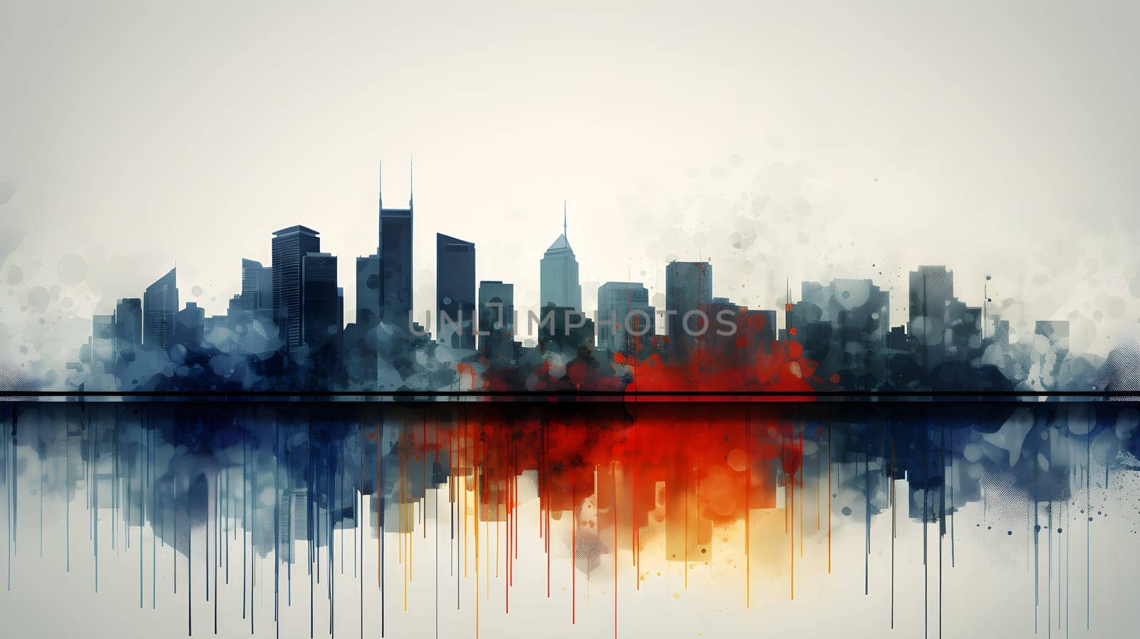 colored abstract city skyline with reflection - modern digital painting - AI generative