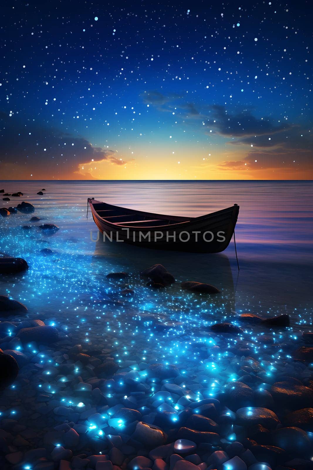 A magical silhouette of a boat cuts across the sparkle of starlit water - generative AI by chrisroll