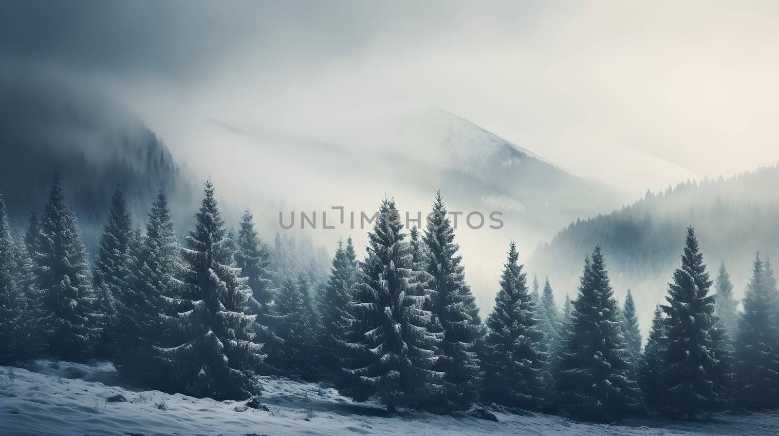 Pine trees in the fog - dark forest with dramatic light - AI generative