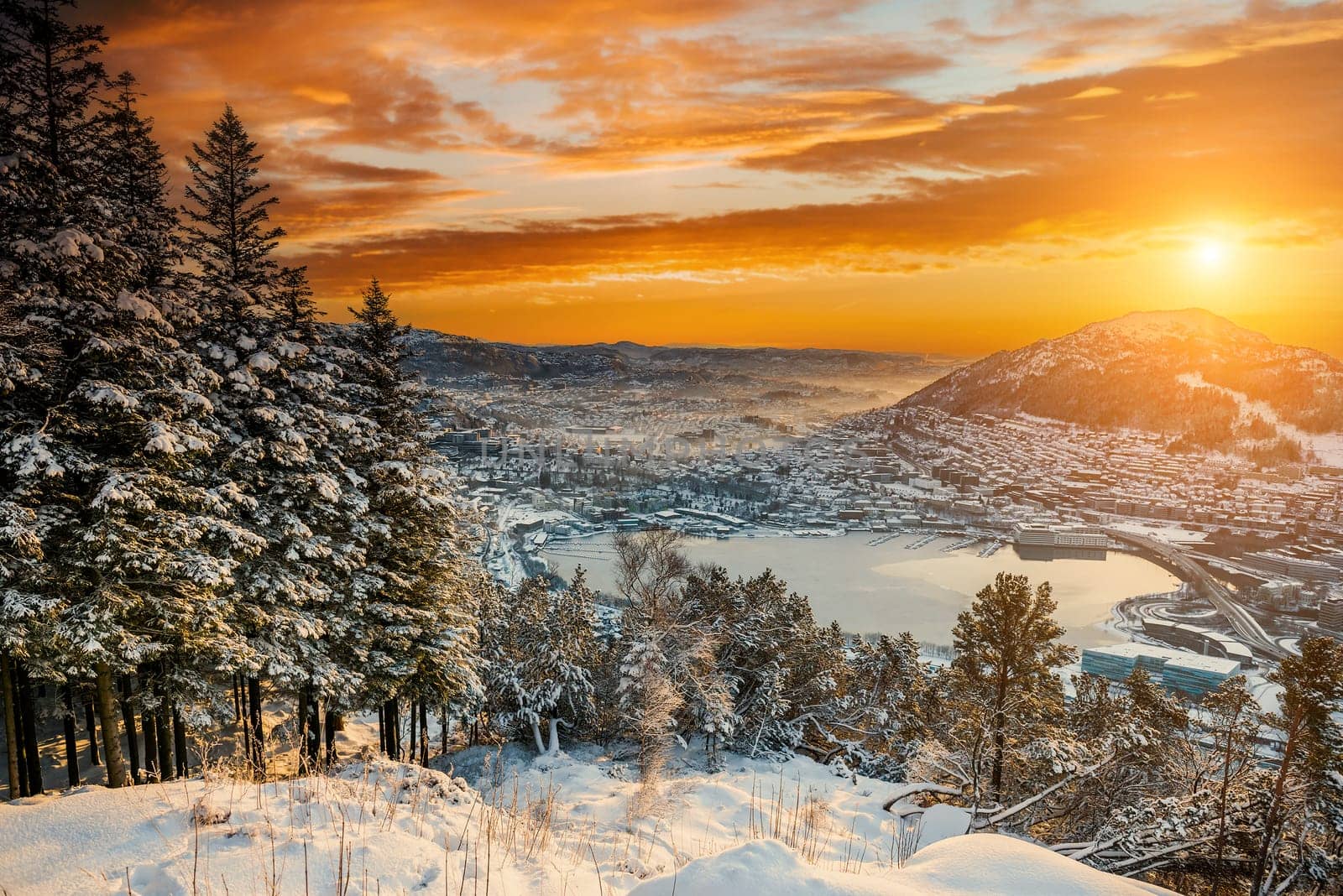 Sunset on the mountain top in Bergen. Norway