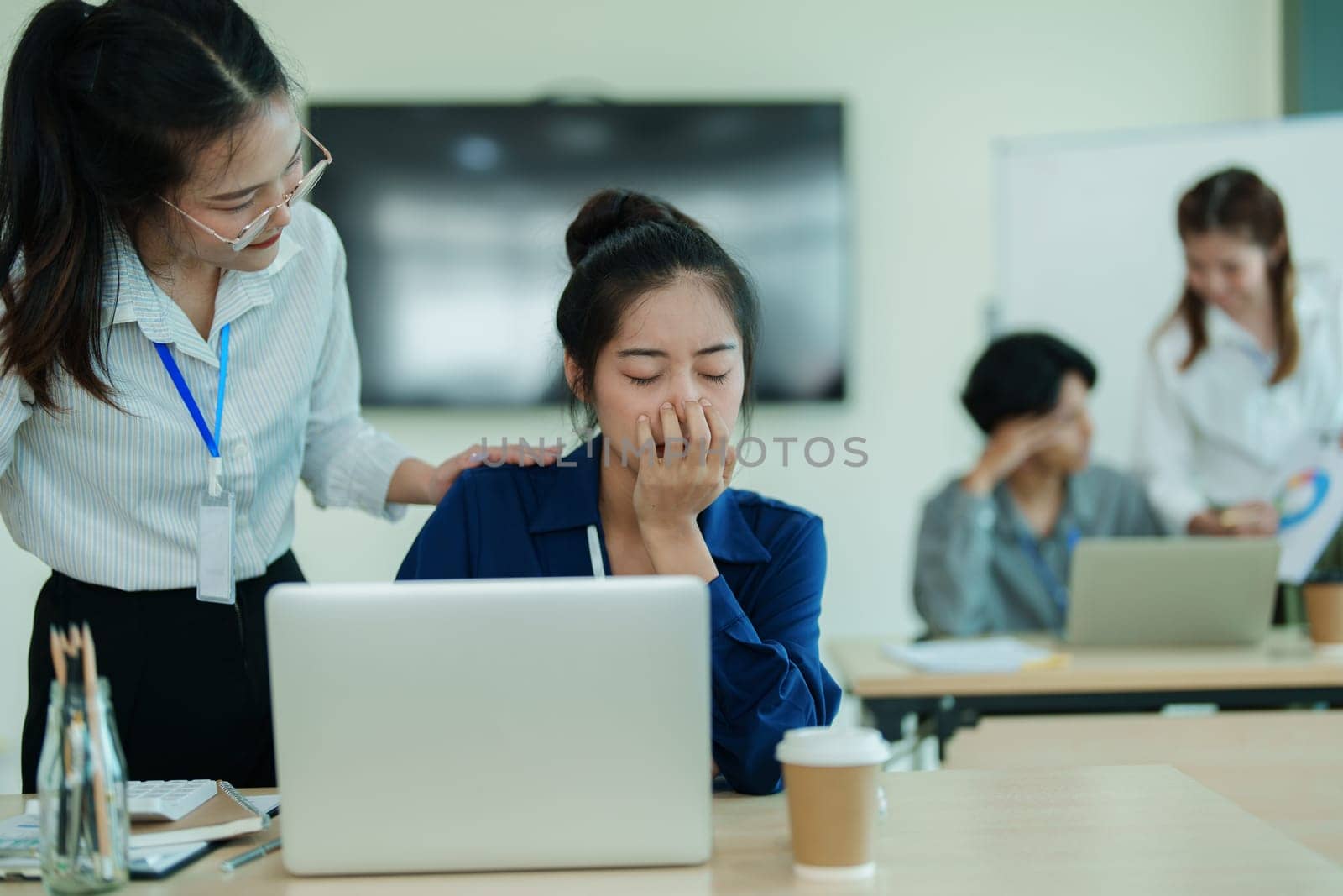 Burnout, stress and business man overworked from too much, work overload and pressure marketing corporate company. Time management, frustrated and tired employee by Manastrong