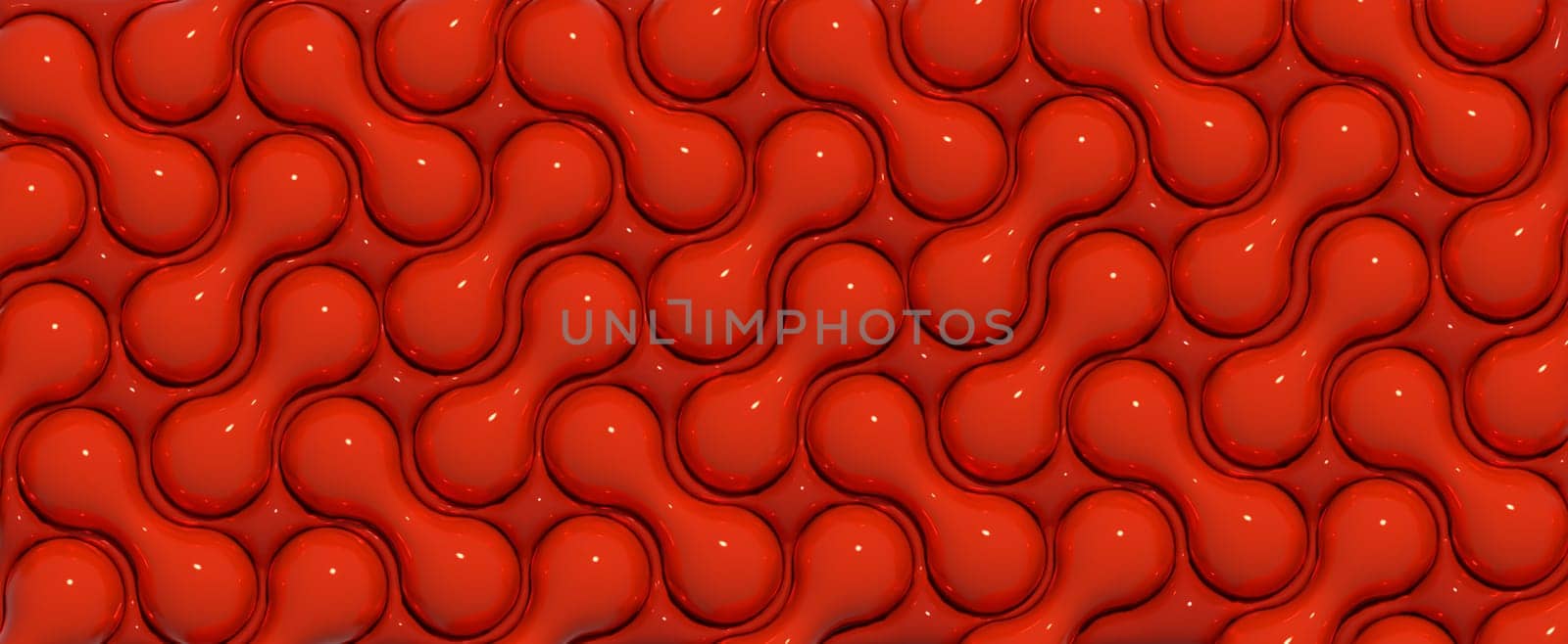 Abstract red background with various inflated figures, 3D rendering illustration