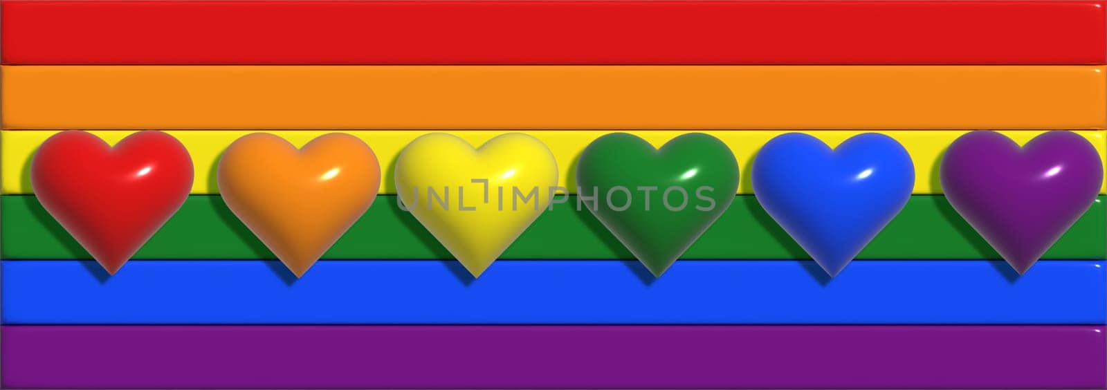 Multi-colored flag is a symbol of LGBT social movements, reflecting the diversity of the LGBT community and the spectrum of human sexuality and gender. 3D rendering illustration