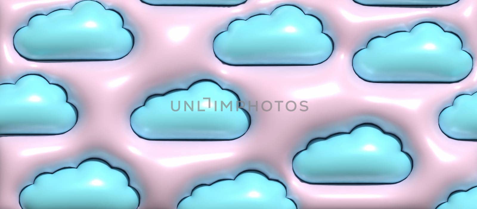 Abstract pink background with blue puffy clouds, 3D rendering illustration