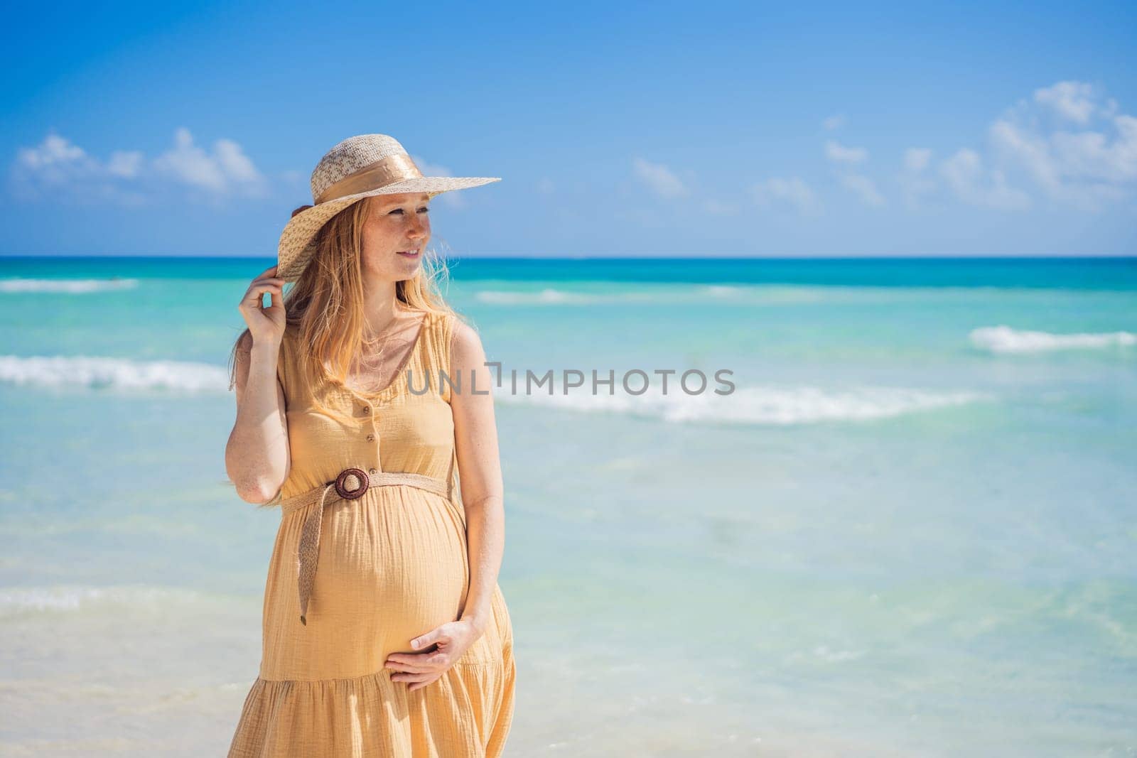 Radiant and expecting, a pregnant woman stands on a pristine snow-white tropical beach, celebrating the miracle of life against a backdrop of natural beauty by galitskaya