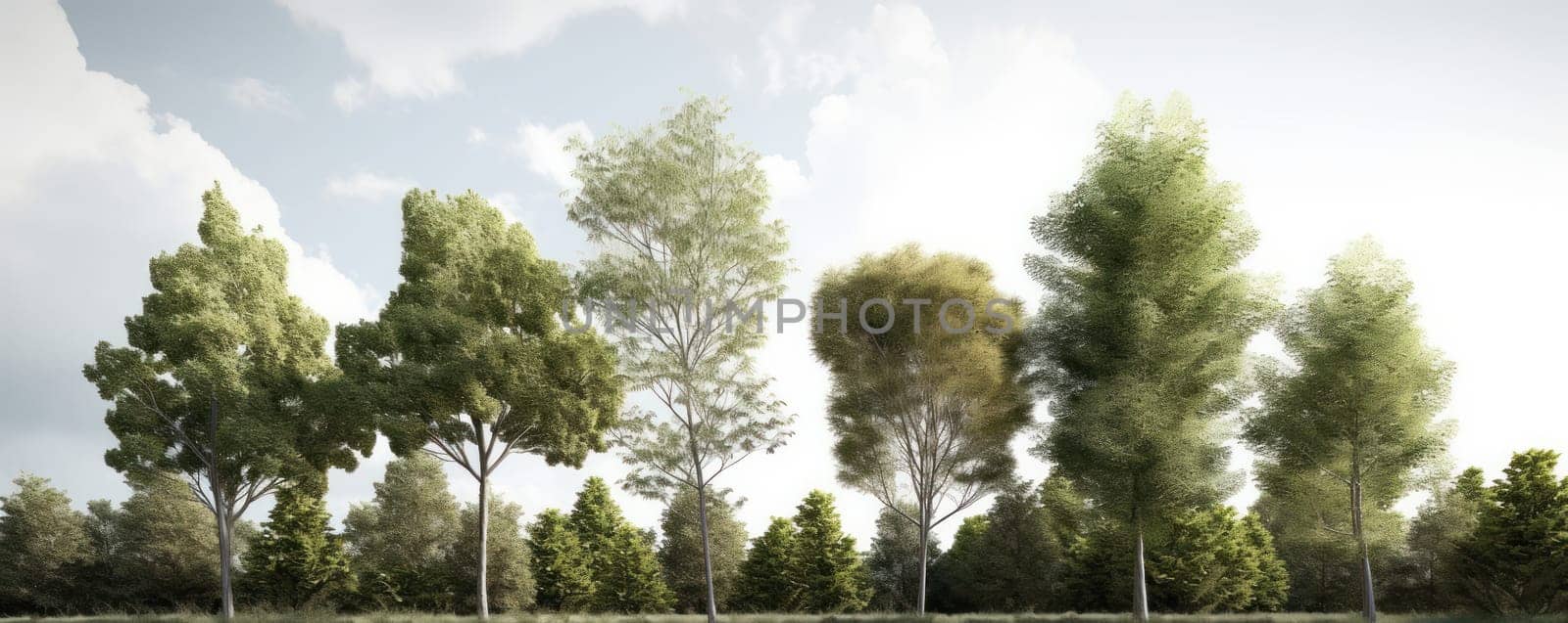 A tranquil view of a tree-lined field with a clear blue sky in the background isolated on white. AI Generative.