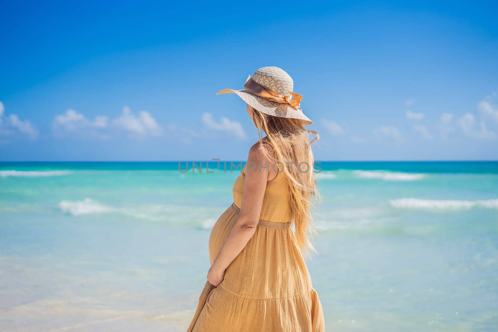 Radiant and expecting, a pregnant woman stands on a pristine snow-white tropical beach, celebrating the miracle of life against a backdrop of natural beauty.