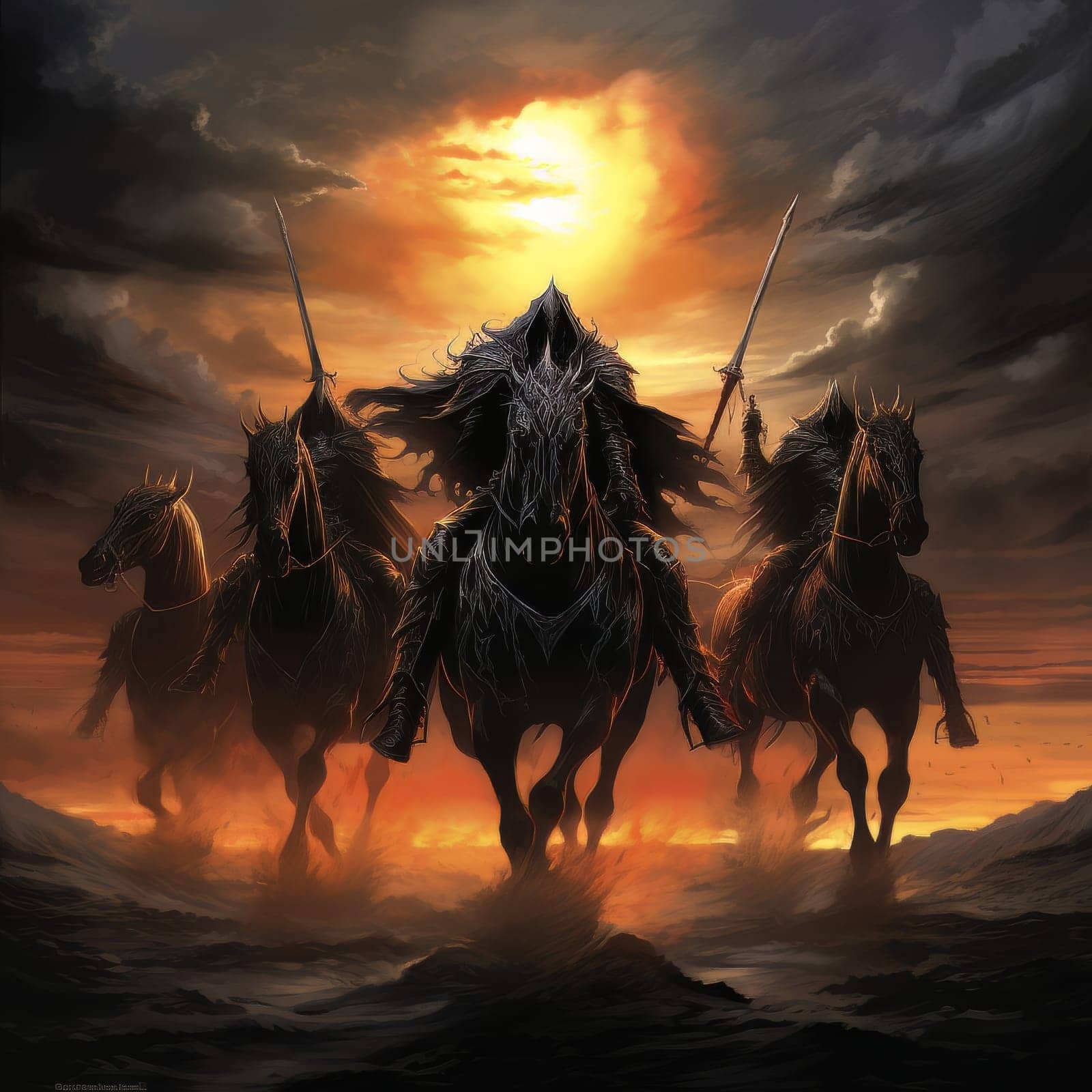 The horsemen of the apocalypse riding black horses against a background of hell and scorched earth. Biblical religious theory of the end of the world. AI