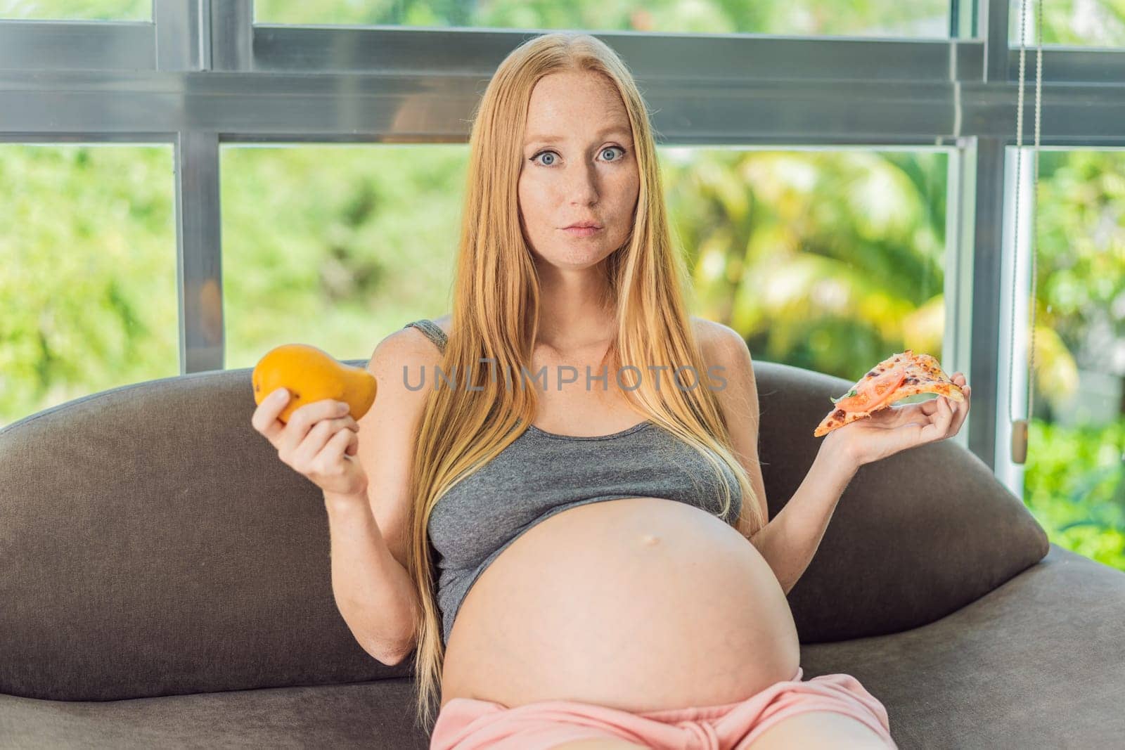 A pregnant woman faces a choice between nourishing, wholesome food and tempting fast food, highlighting the importance of healthy dietary decisions during pregnancy.