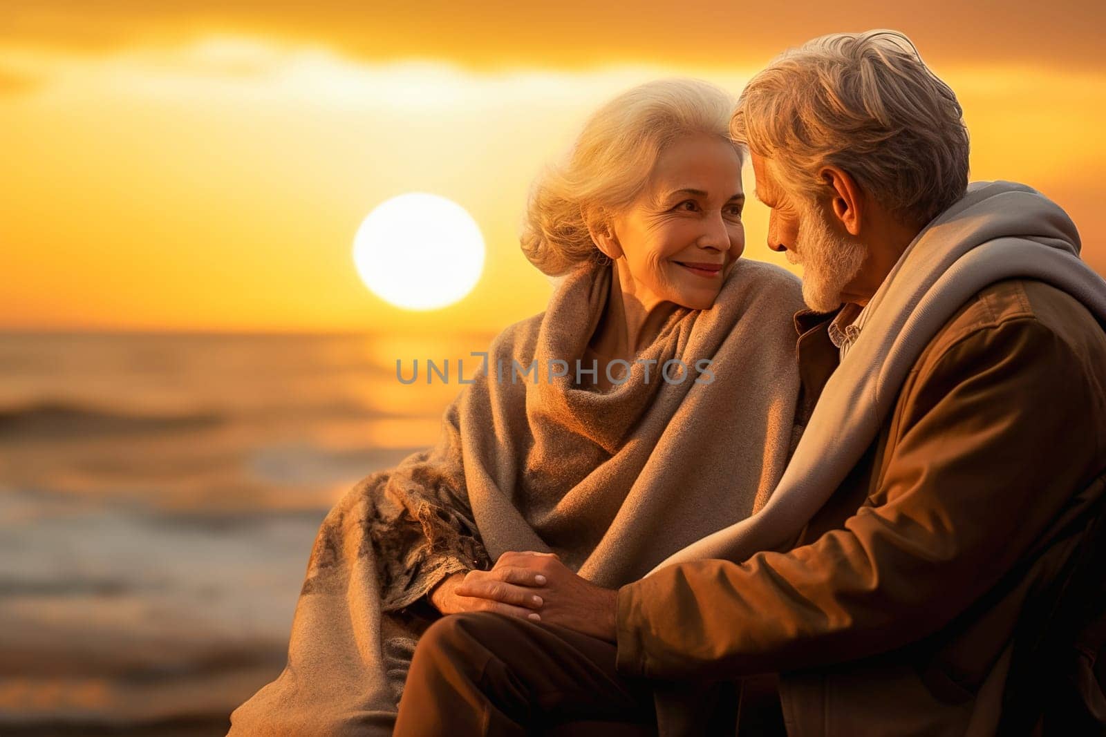 Happy retired couple relaxing on sun loungers near the seashore at sunset. High quality photo