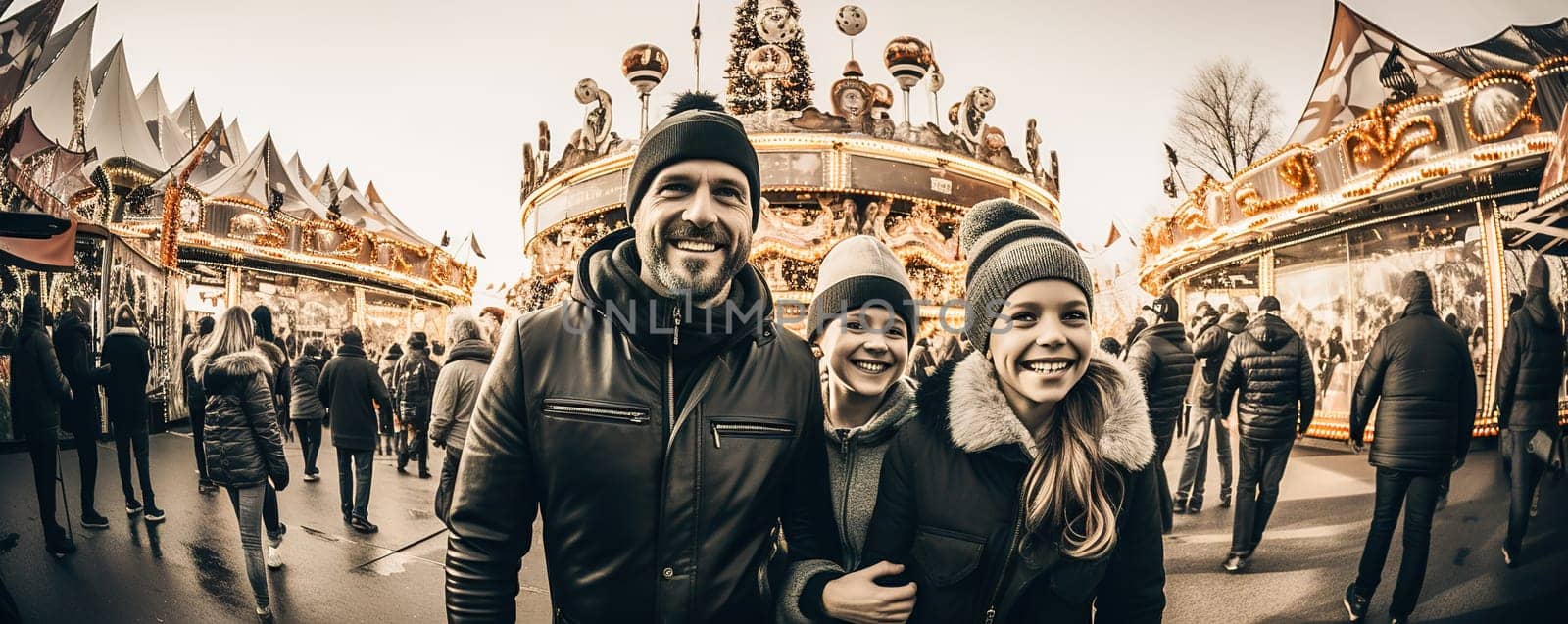 Happy family having fun at the Christmas market. High quality photo