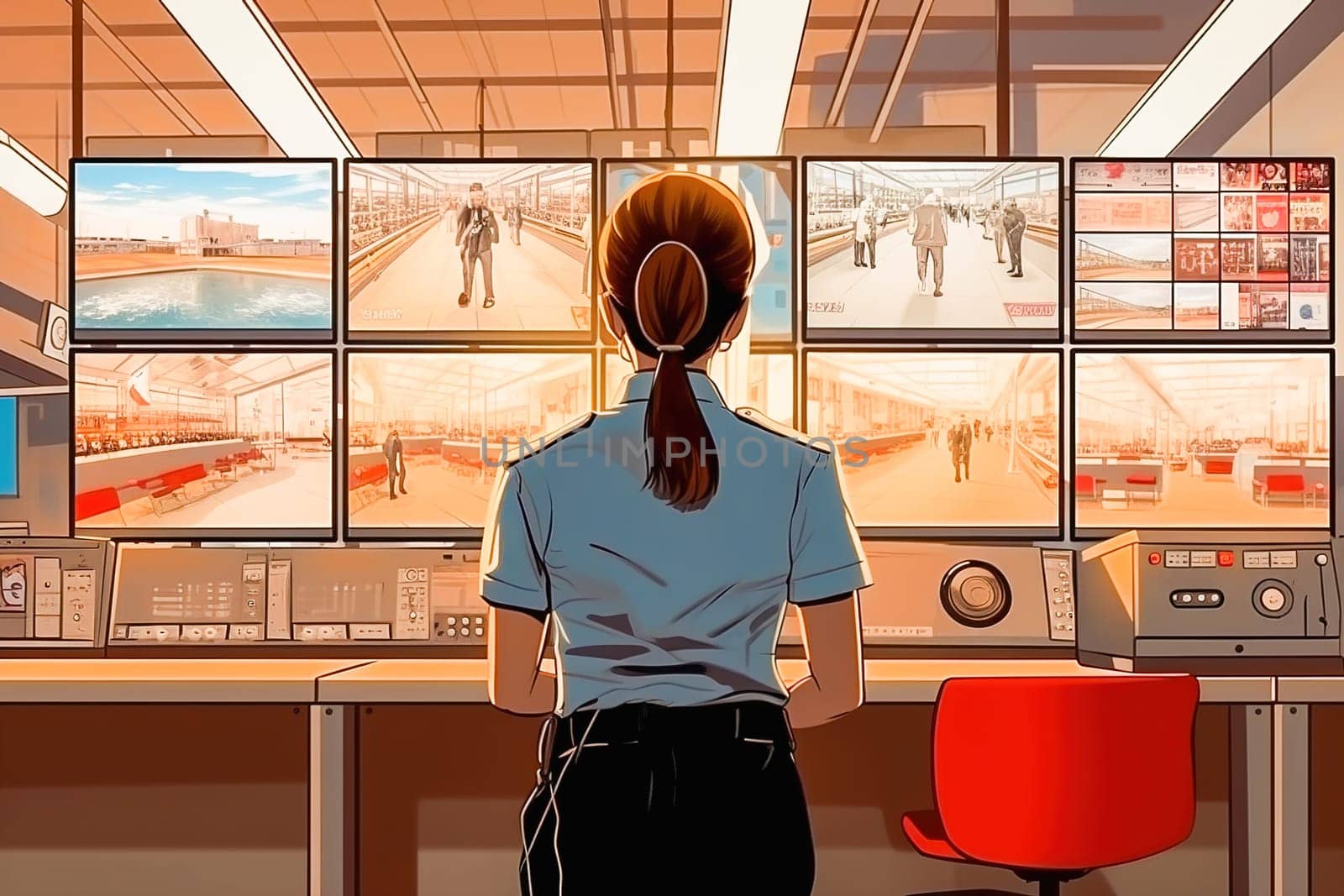 A female security guard looks at the surveillance camera monitors from the control room. Security service