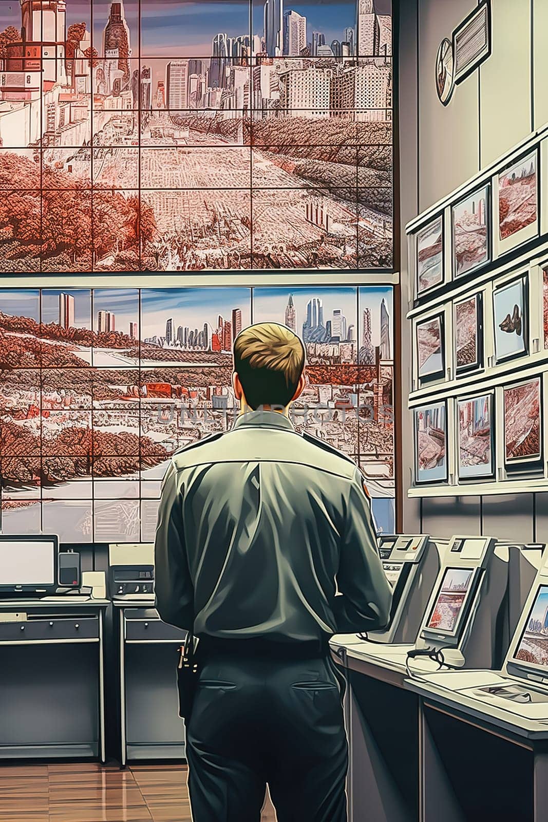 A male security guard looks at the security camera monitors from the control room. Security service