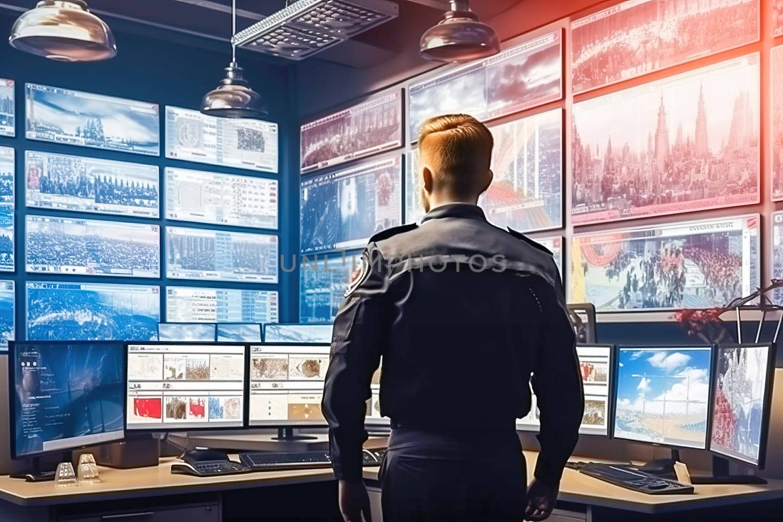 A male security guard looks at the security camera monitors from the control room. Security service