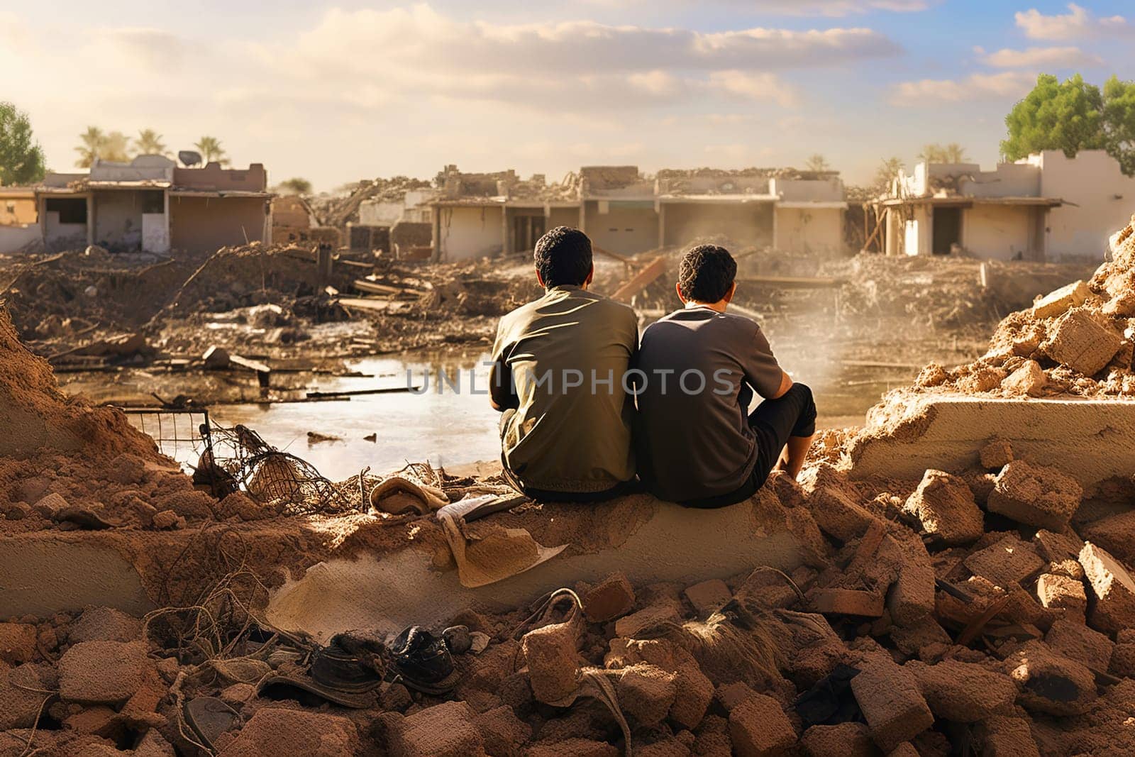 A father and son sit outside a destroyed house. The concept is natural disaster, military action