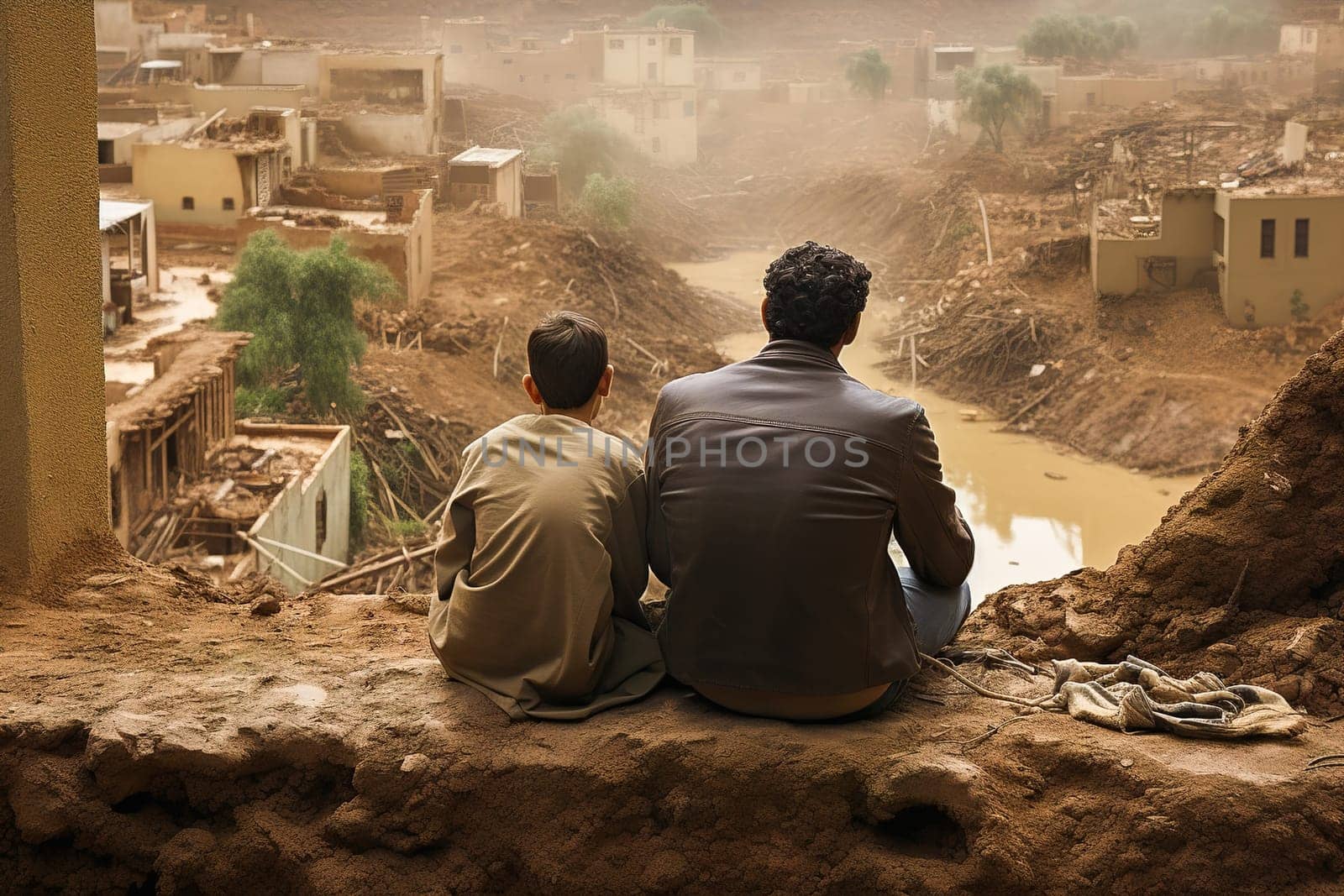 A father and son sit outside a destroyed house. The concept is natural disaster, military action