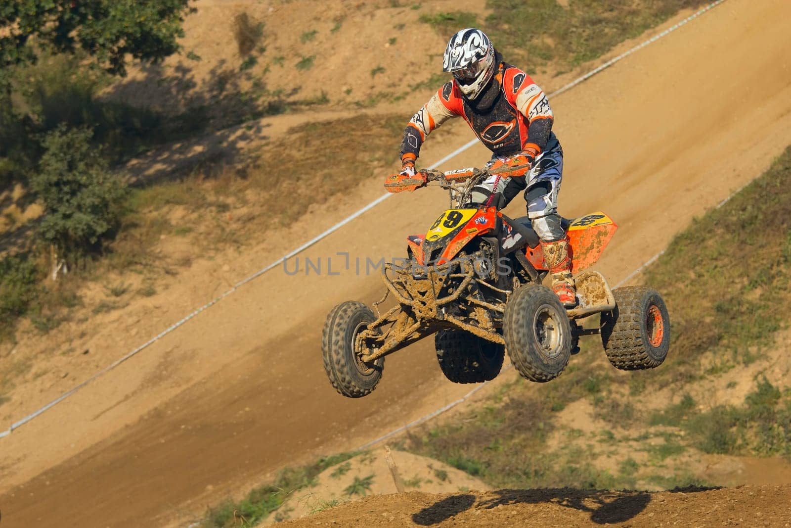 MOHELNICE, CZECH REPUBLIC - SEPTEMBER 17. Unidentified racer jump with a quad motorbike in the "Czech Republic Cup 2011"" on September 17, 2011 in the town of Mohelnice, Czech Republic."