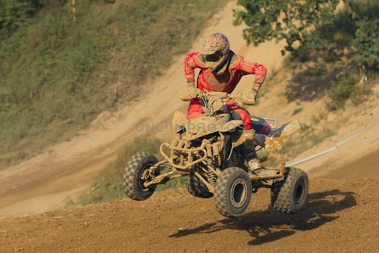 MOHELNICE, CZECH REPUBLIC - SEPTEMBER 17. Unidentified racer jump with a quad motorbike in the "Czech Republic Cup 2011"" on September 17, 2011 in the town of Mohelnice, Czech Republic."