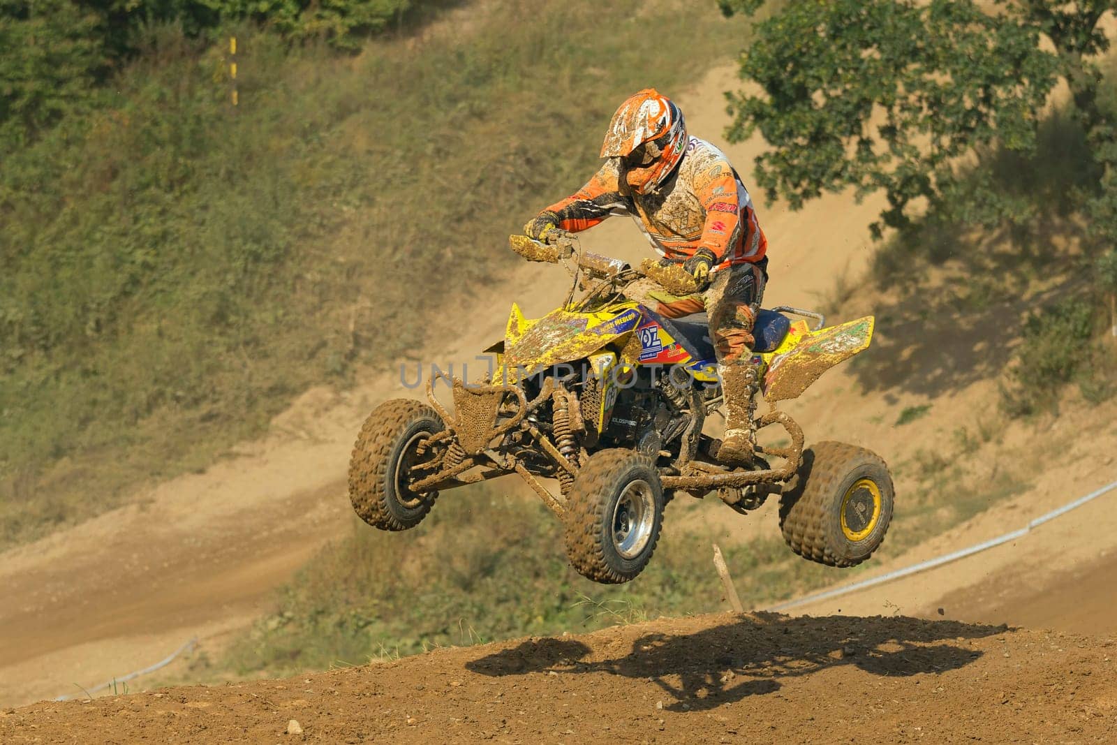 MOHELNICE, CZECH REPUBLIC - SEPTEMBER 17. Unidentified racer jump with a quad motorbike in the "Czech Republic Cup 2011"" on September 17, 2011 in the town of Mohelnice, Czech Republic."