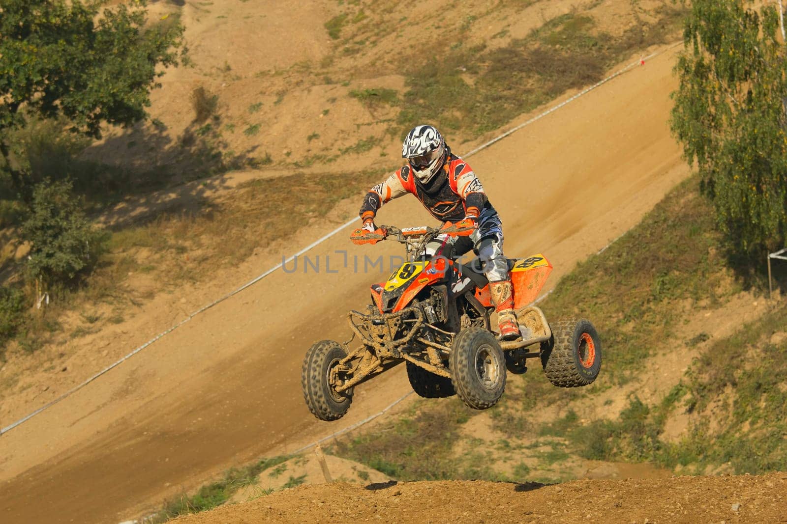 MOHELNICE, CZECH REPUBLIC - SEPTEMBER 17. Unidentified racer jump with a quad motorbike in the "Czech Republic Cup 2011"" on September 17, 2011 in the town of Mohelnice, Czech Republic."