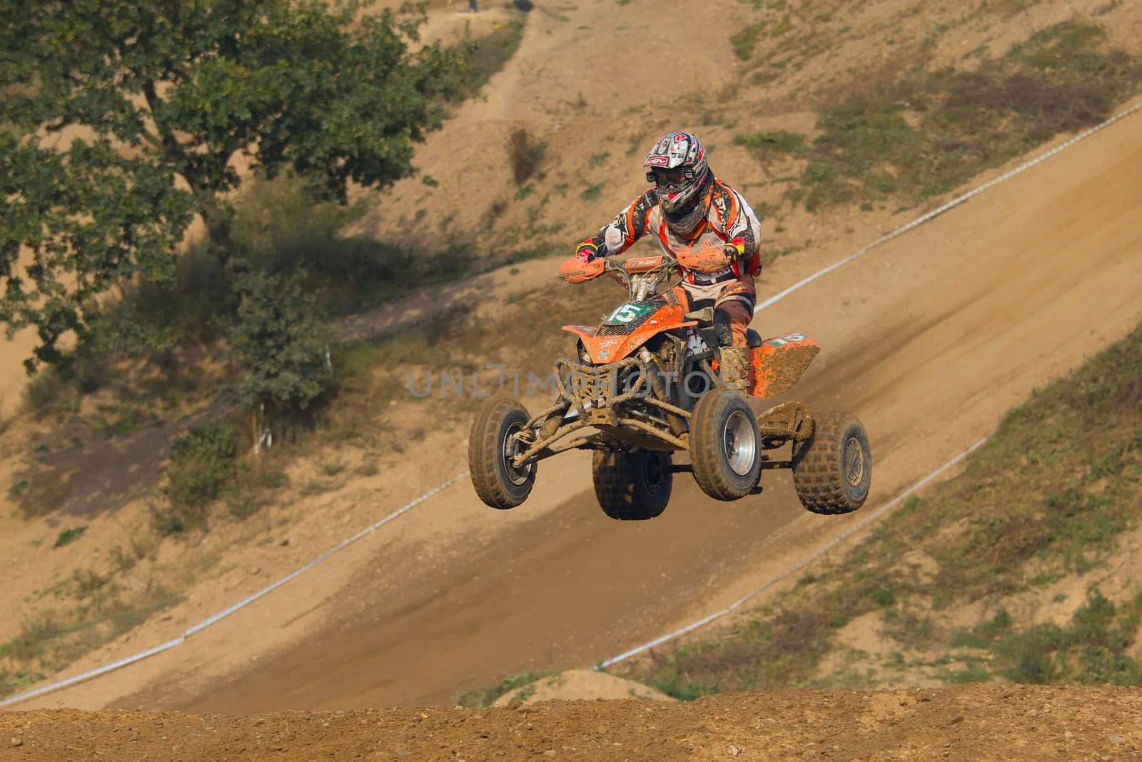 MOHELNICE, CZECH REPUBLIC - SEPTEMBER 17. Unidentified racer jump with a quad motorbike in the "Czech Republic Cup 2011"" on September 17, 2011 in the town of Mohelnice, Czech Republic."