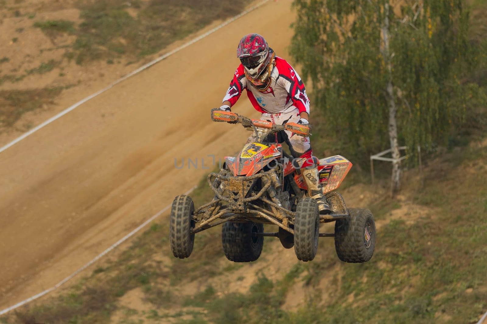 MOHELNICE, CZECH REPUBLIC - SEPTEMBER 17. Unidentified racer jump with a quad motorbike in the "Czech Republic Cup 2011"" on September 17, 2011 in the town of Mohelnice, Czech Republic."