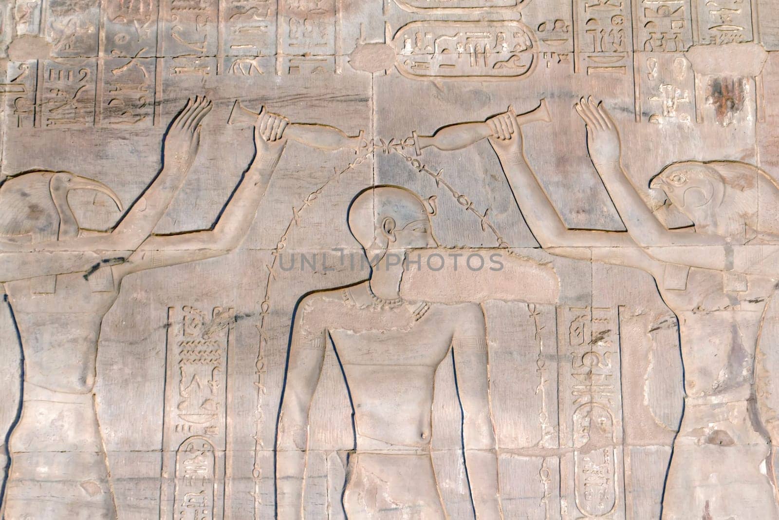 Hieroglyphs in the Temple of Kom Ombo near river Nile (Egypt)