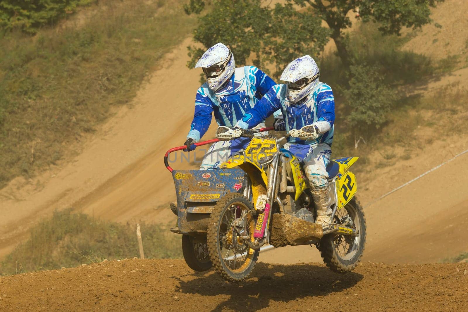 MOHELNICE, CZECH REPUBLIC - SEPTEMBER 17. Unidentified racers rides a sidecar in the "Sidecarcross Championship of Czech Republic"" on September 17, 2011 in the town of Mohelnice, Czech Republic."