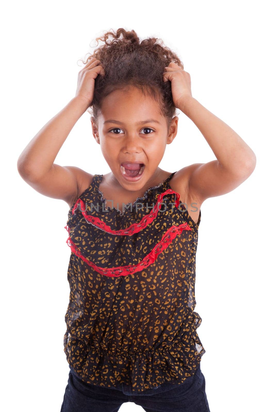 Little African Asian girl holding her head,  over white background