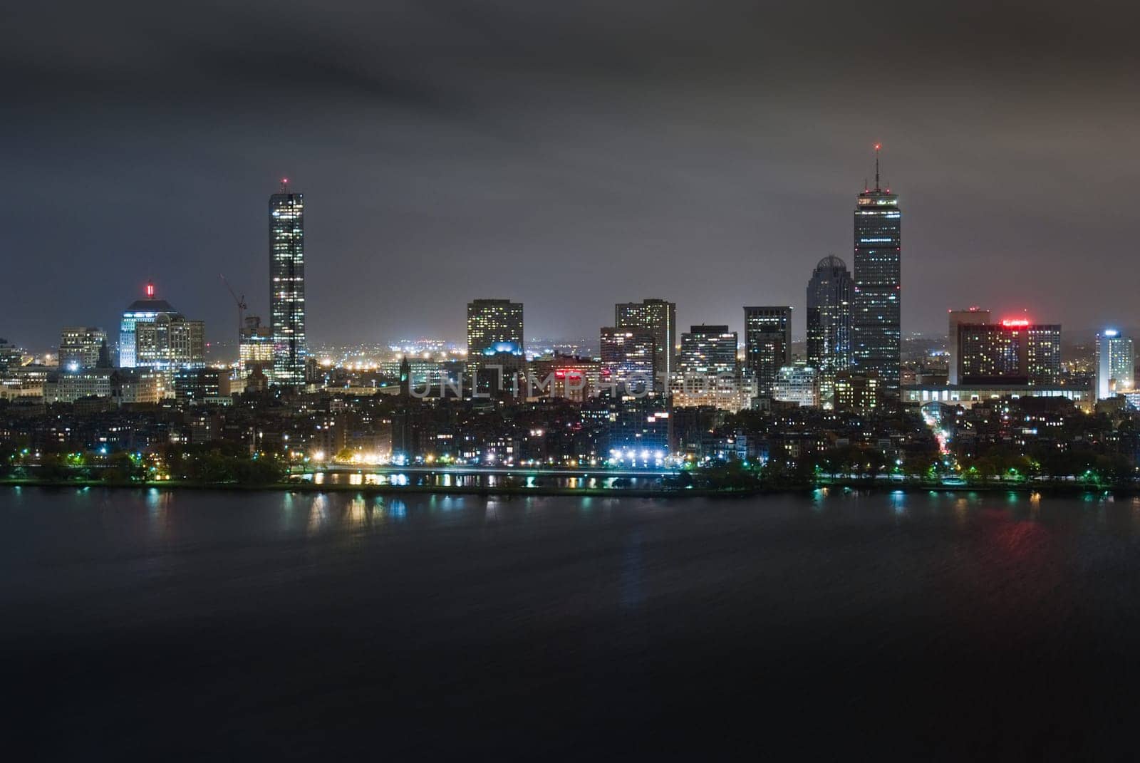 Aerial view of Boston's Back Bay skyline at night