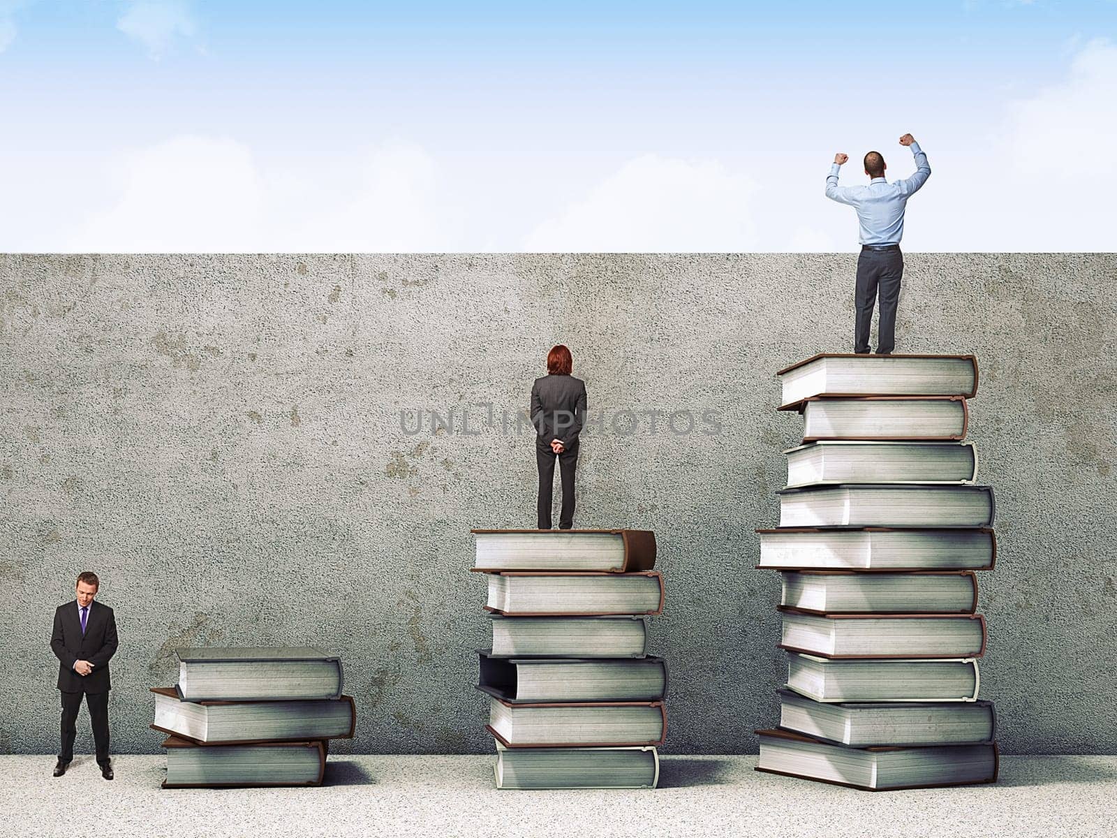 business people on books pile 3d
