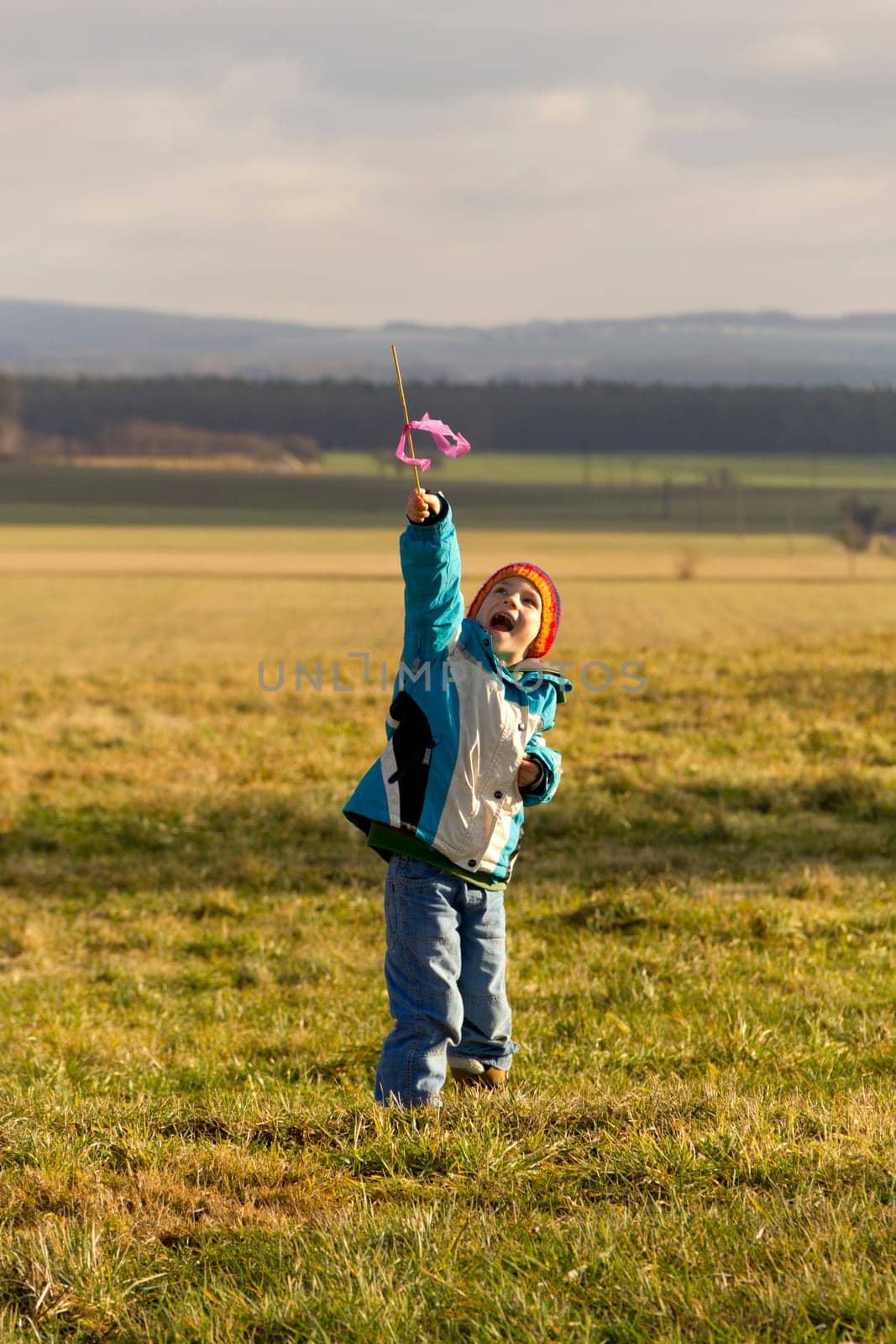 Boy pointing to the sky with a stick