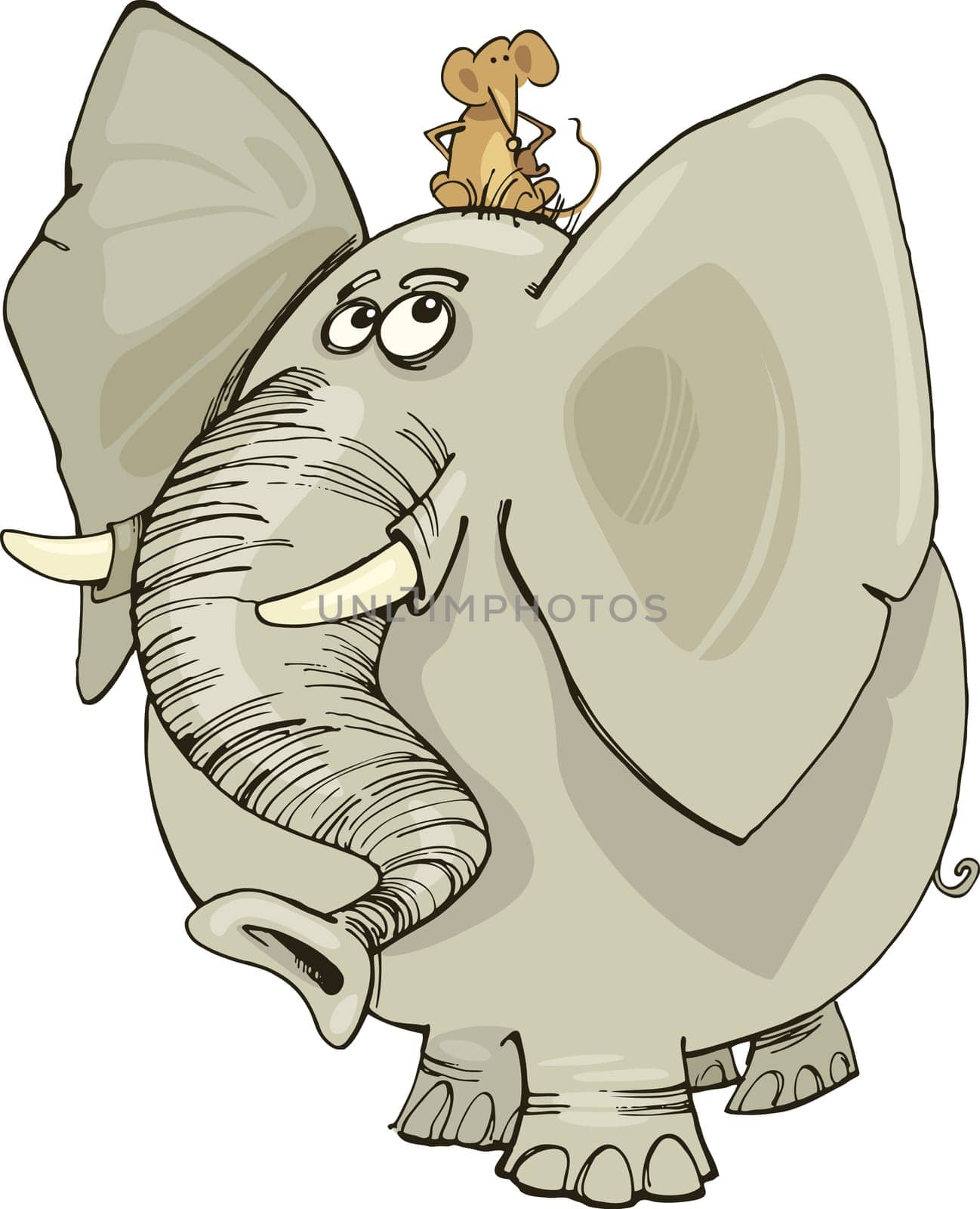 cartoon illustration of funny elephant with mouse on his head
