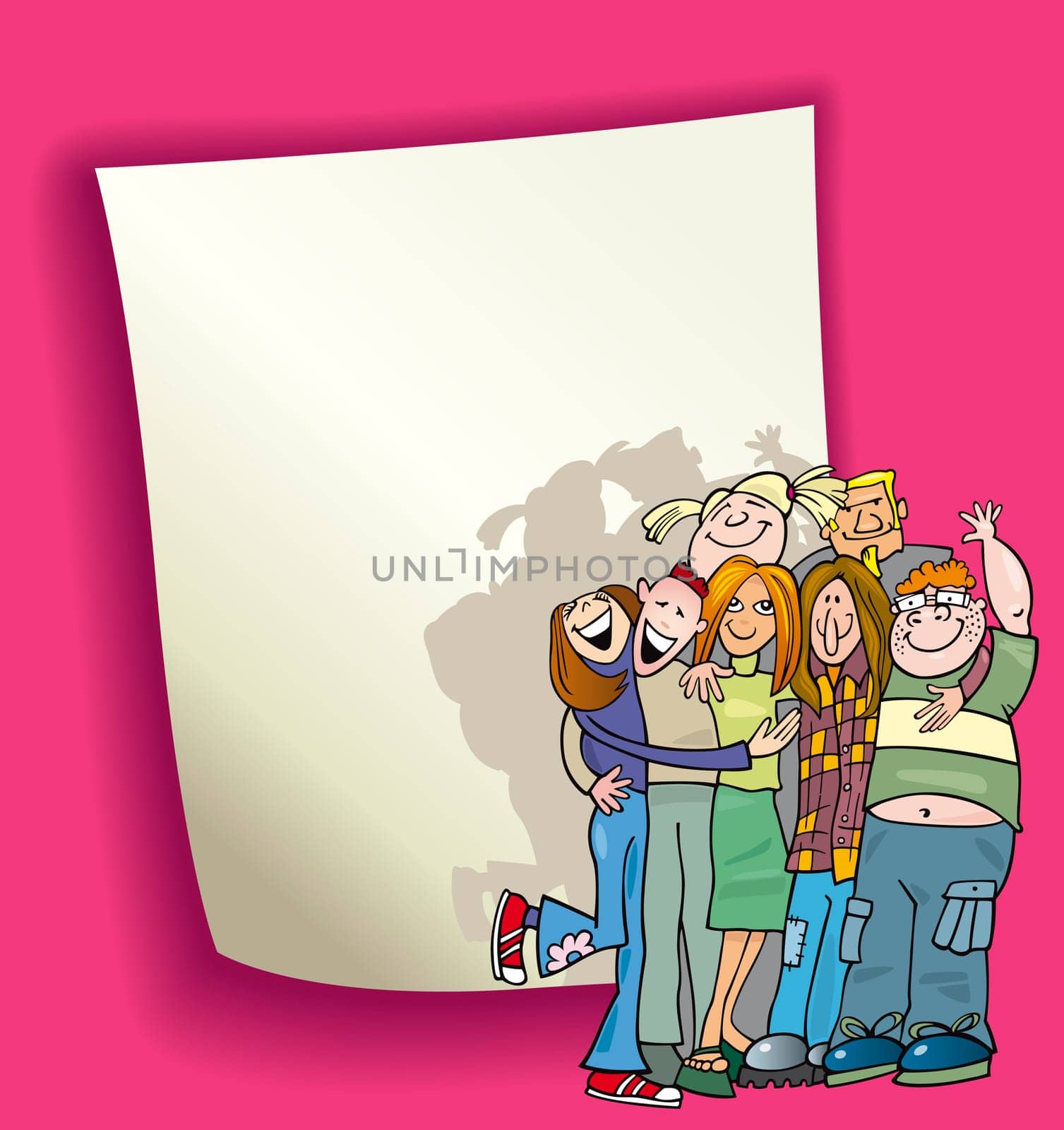 cartoon design illustration with blank page and funny teenagers group