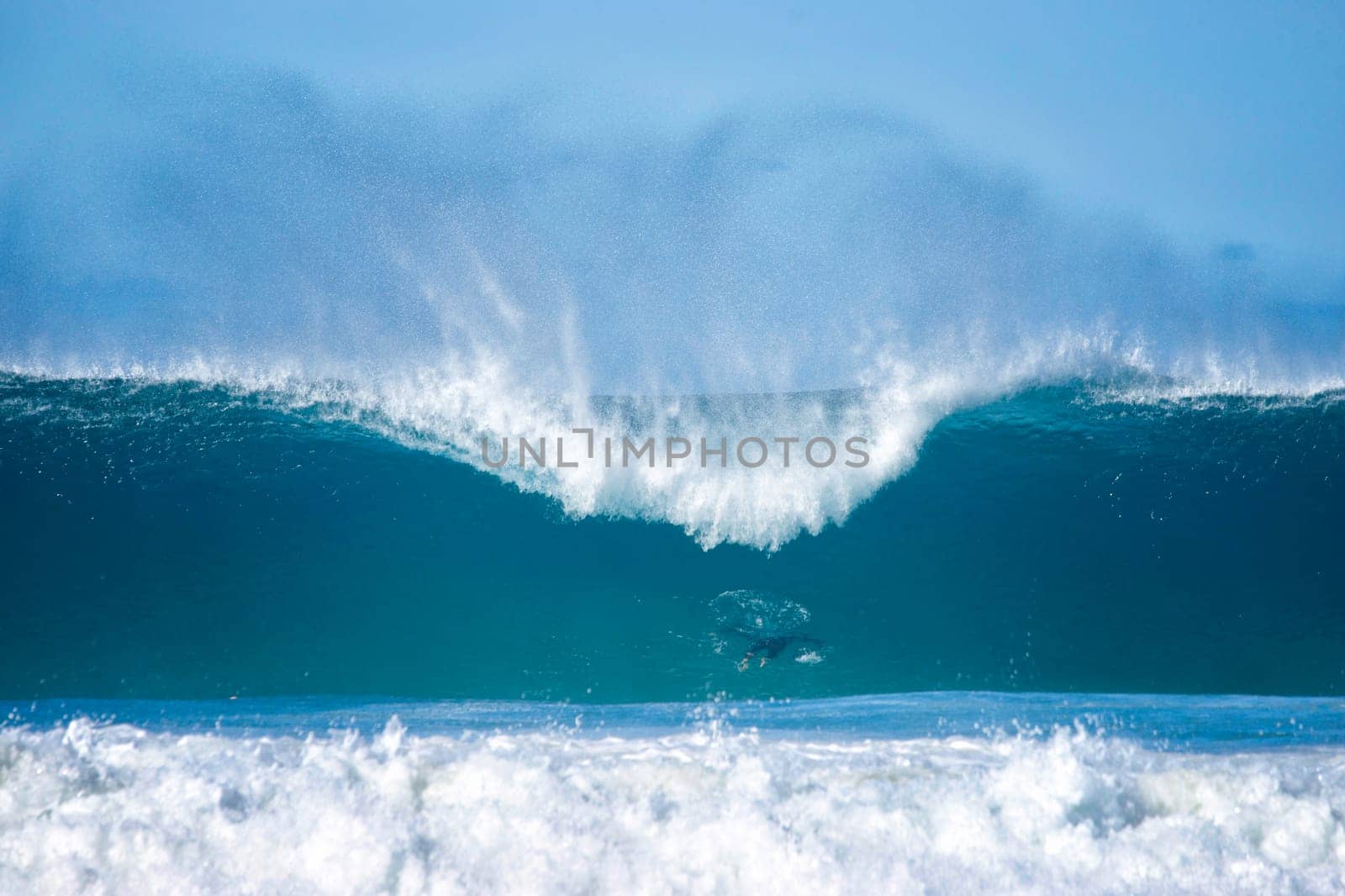 person swims under a huge waves  at bondi beach