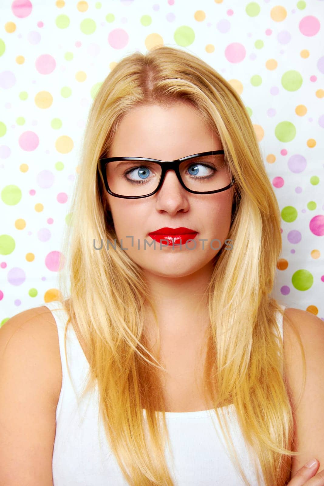 Funny woman with glasses laughing