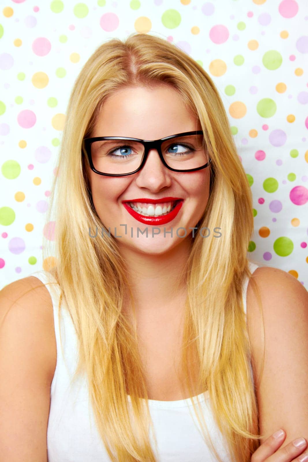 Funny woman with glasses laughing