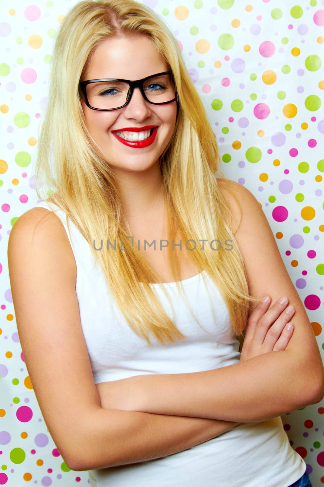 Funny woman with glasses laughing