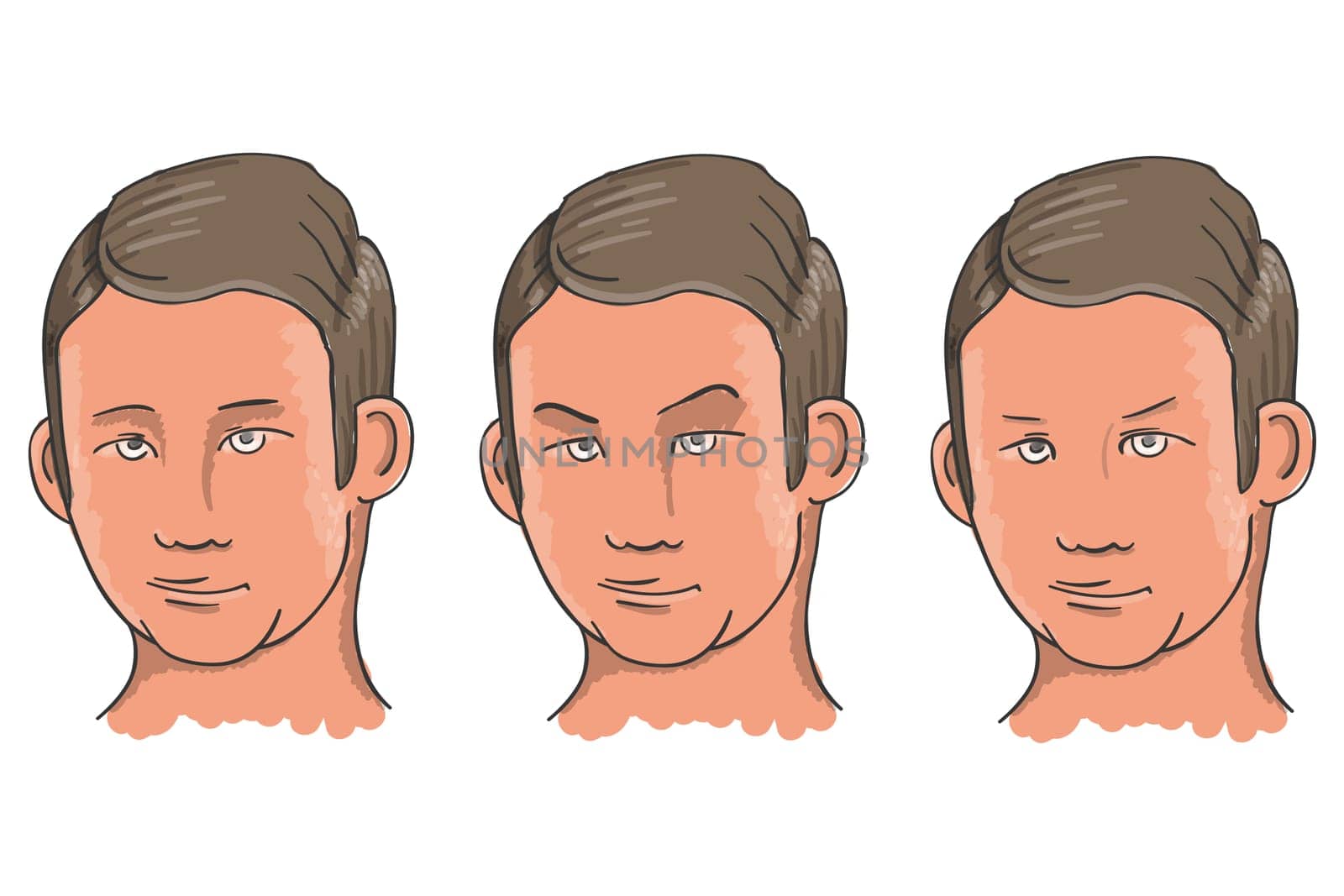 Handmade illustration of man face with different expressions