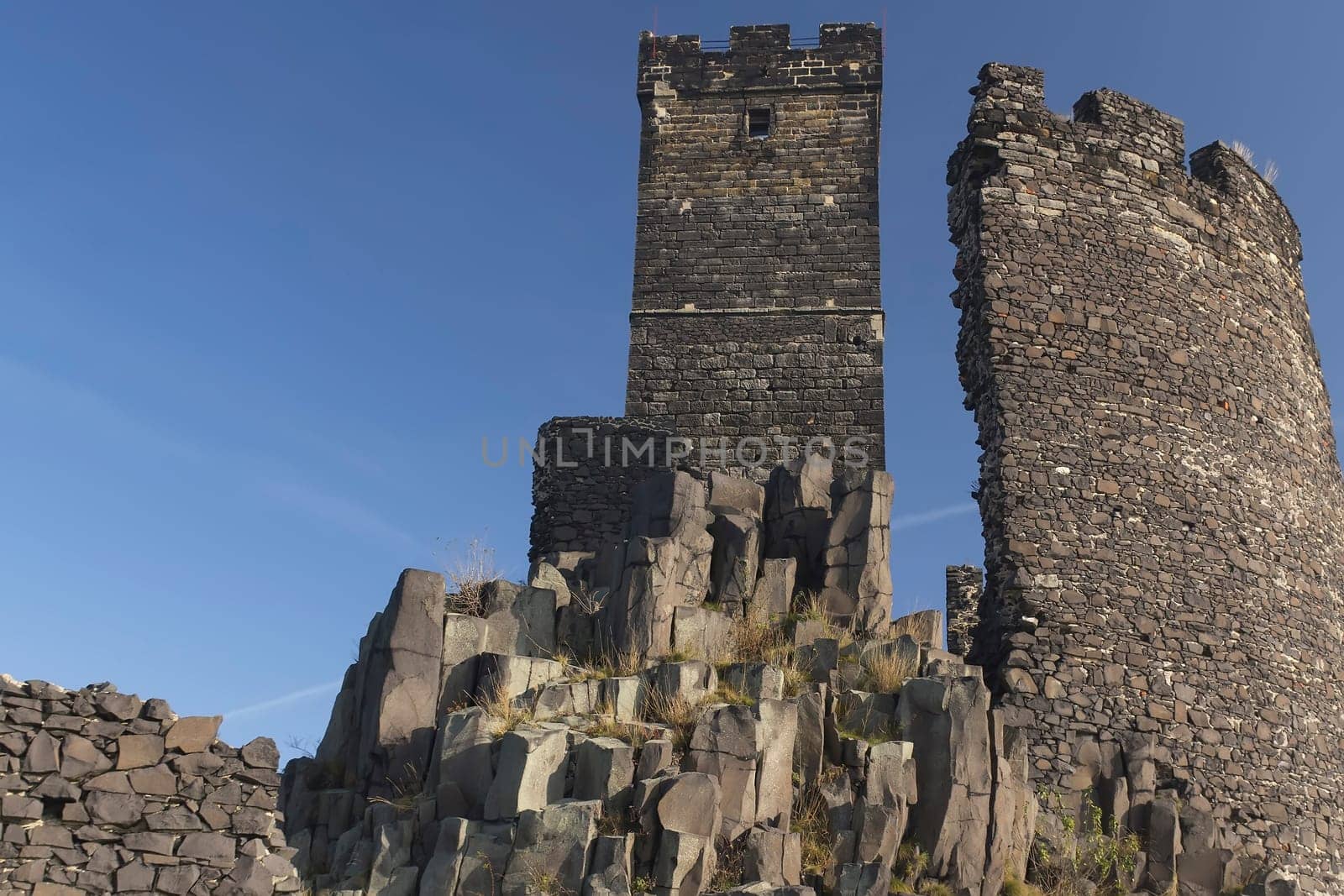 Ruin of state castle named Hazmburk, which stands on basalt rock (Czech Republic)