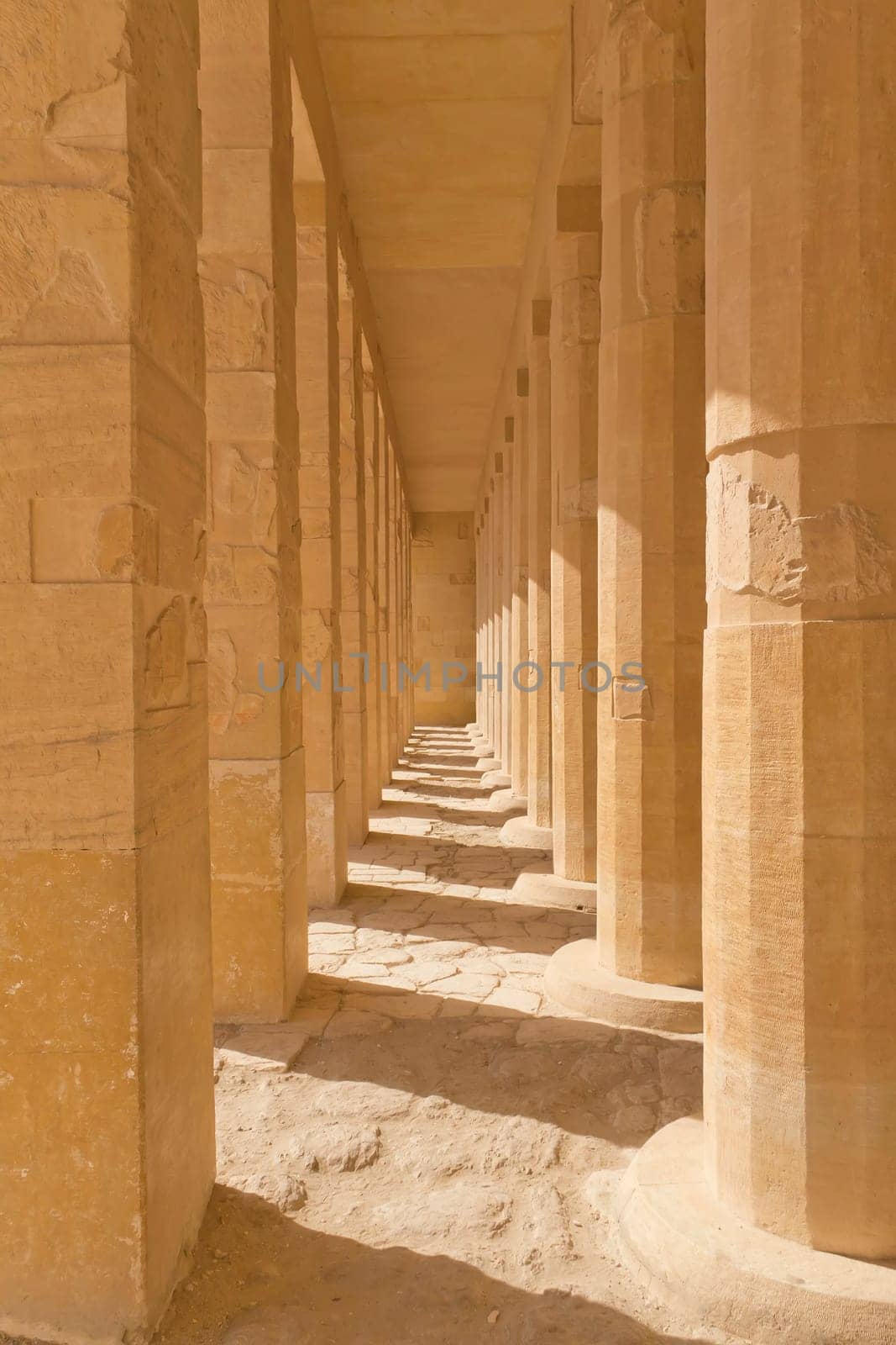 A colonnade of ancient columns at  the Temple of Queen Hatshepsut at Luxor (Egypt )